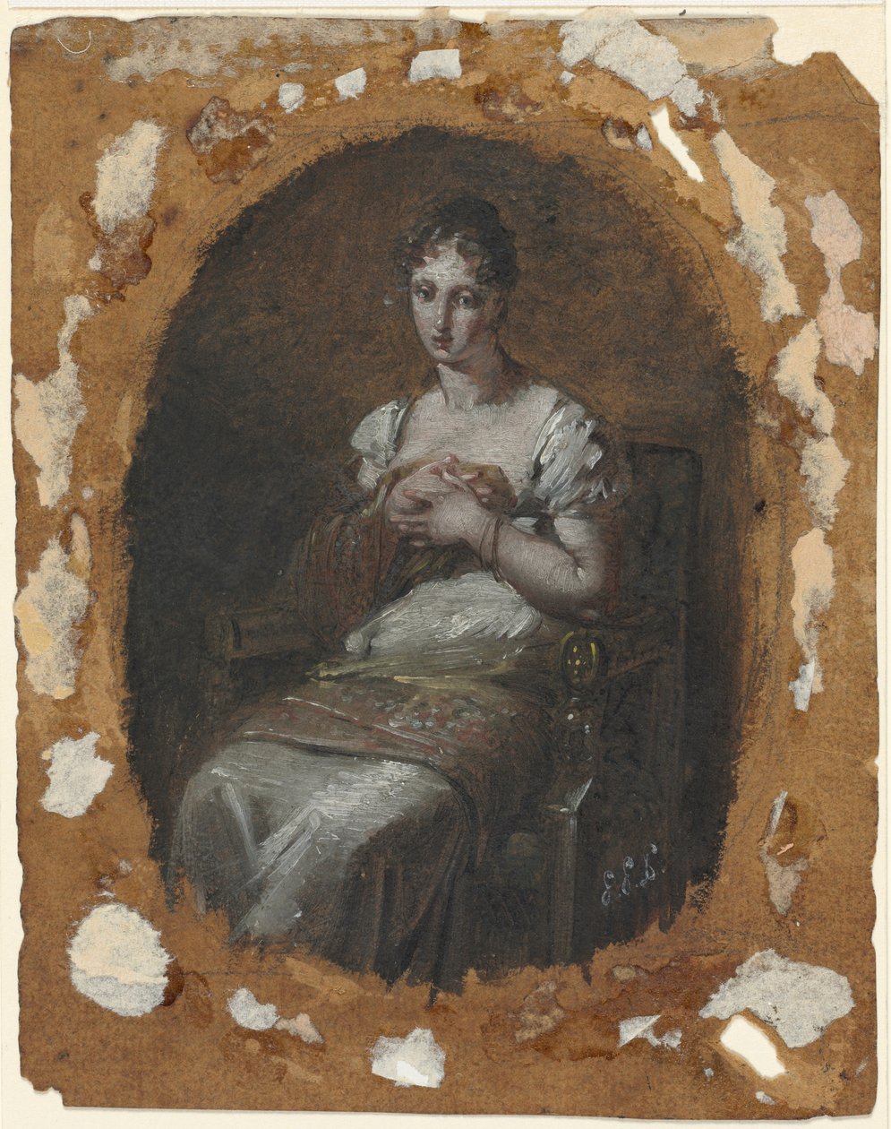 Ung kvinde siddende, sidste fjerdedel af det 18. århundrede eller første fjerdedel af det 19. århundrede (olie; indrammende linjer i grafit) af Pierre Paul Prud
