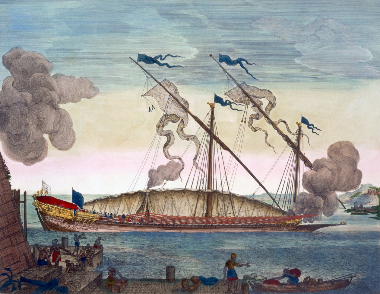 En kongelig kabyss (spansk eller portugisisk) roet af slaver, der affyrer et signal, fra 