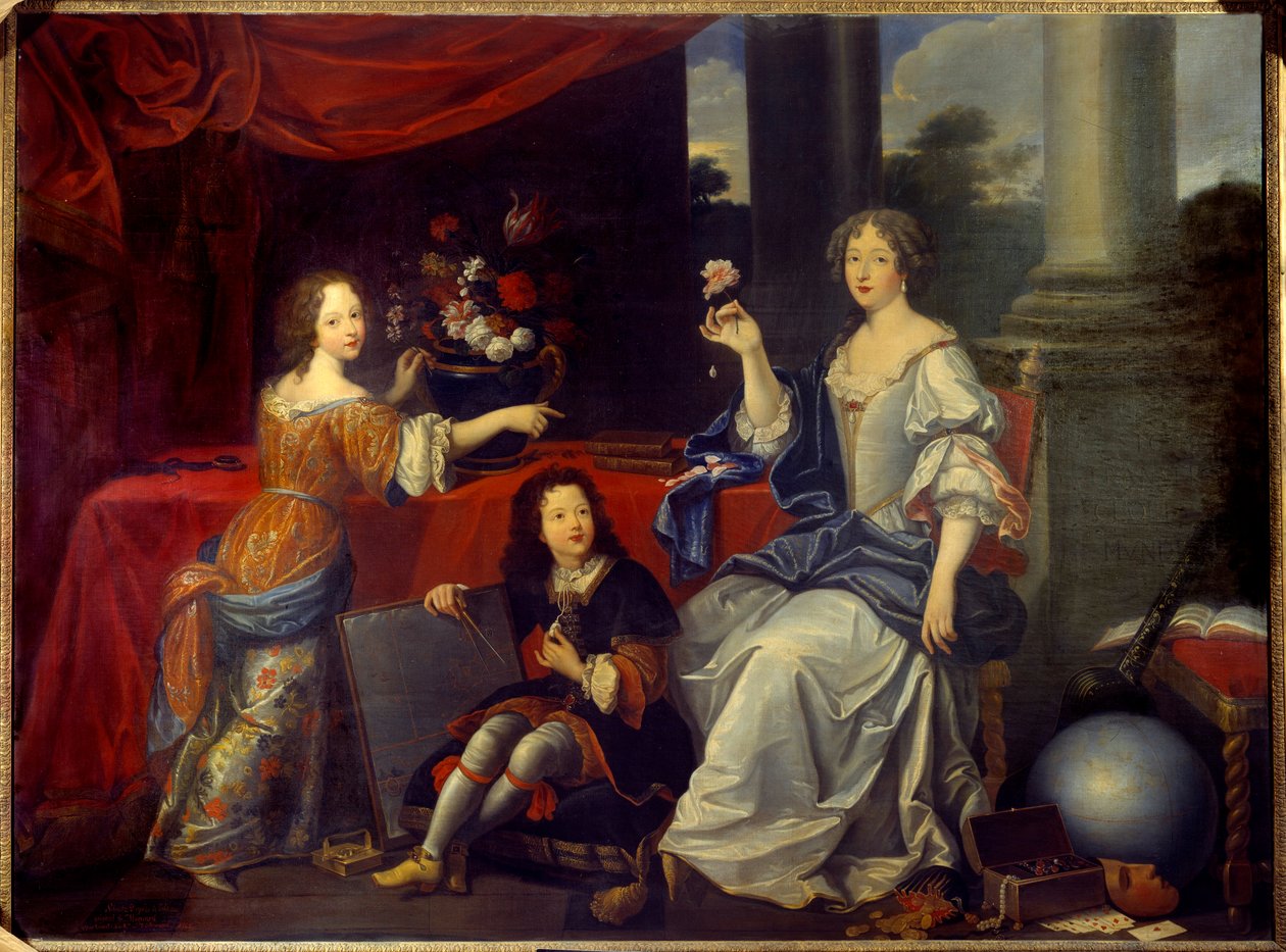 Portræt af Louise Francoise de la Baume le Blanc, hertuginde de la Valliere (Madame de La Valliere) (1644-1710), favorit af Louis XIV og hendes børn Mademoiselle de Blois og greven af ​​Vermandois, maleri af Pierre mignard (1612-1695) . 17. århundrede søn af Pierre (after) Mignard