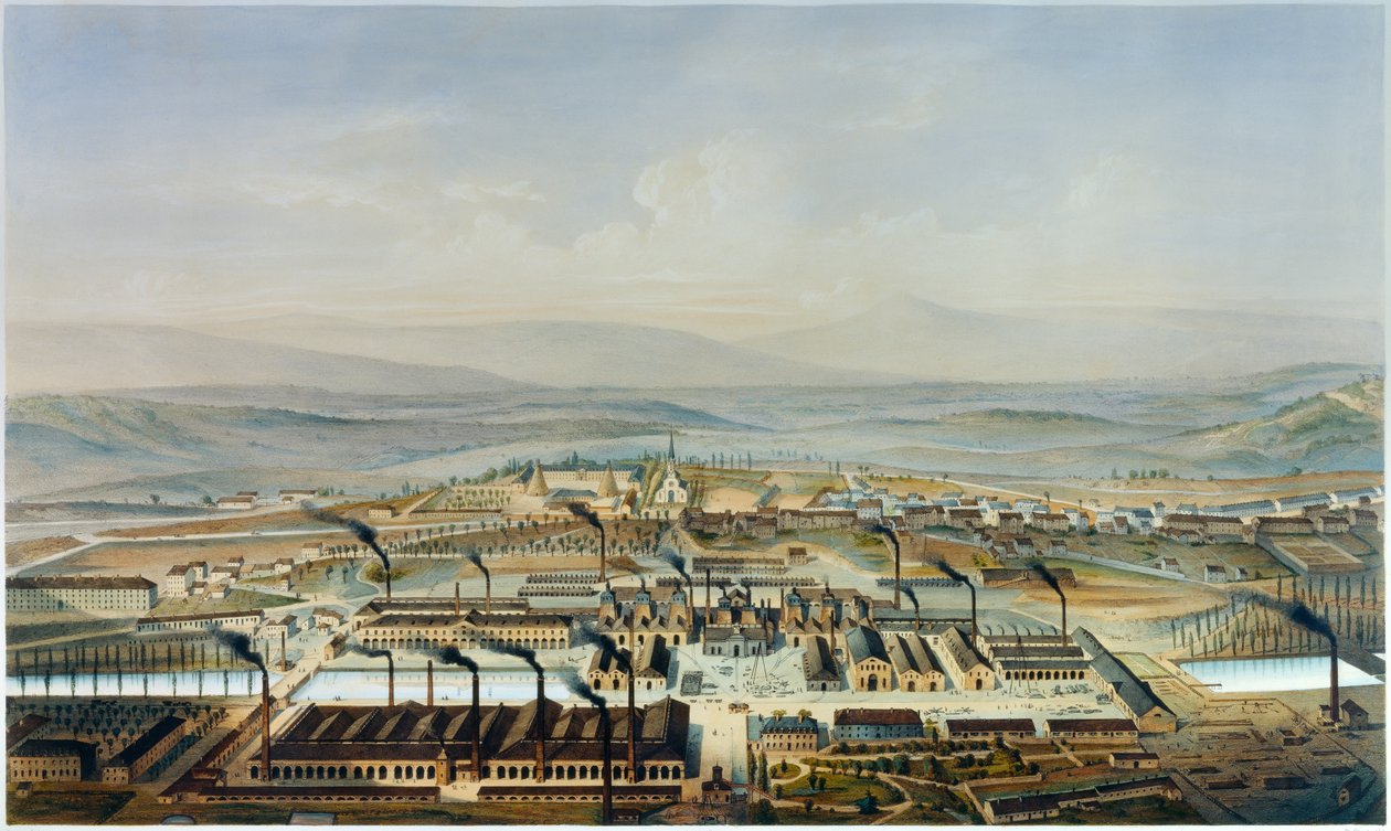 Udsigt over værkstederne Creusot og Chateau de la Verrerie, litografi efter akvarel af Pierre Tremaux (1818-1895) af Pierre (after) Tremaux