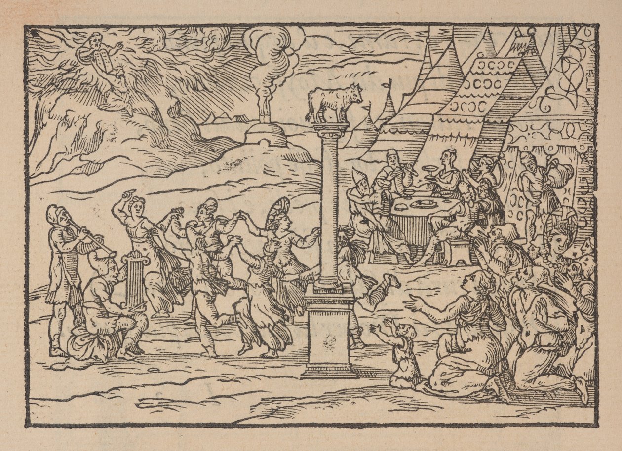 Tilbedelse af den gyldne kalv, fra Figure de la Biblia, illustrerer stanze Toscana, af Gabriele Simeoni af Pierre (attr. to) Eskrich