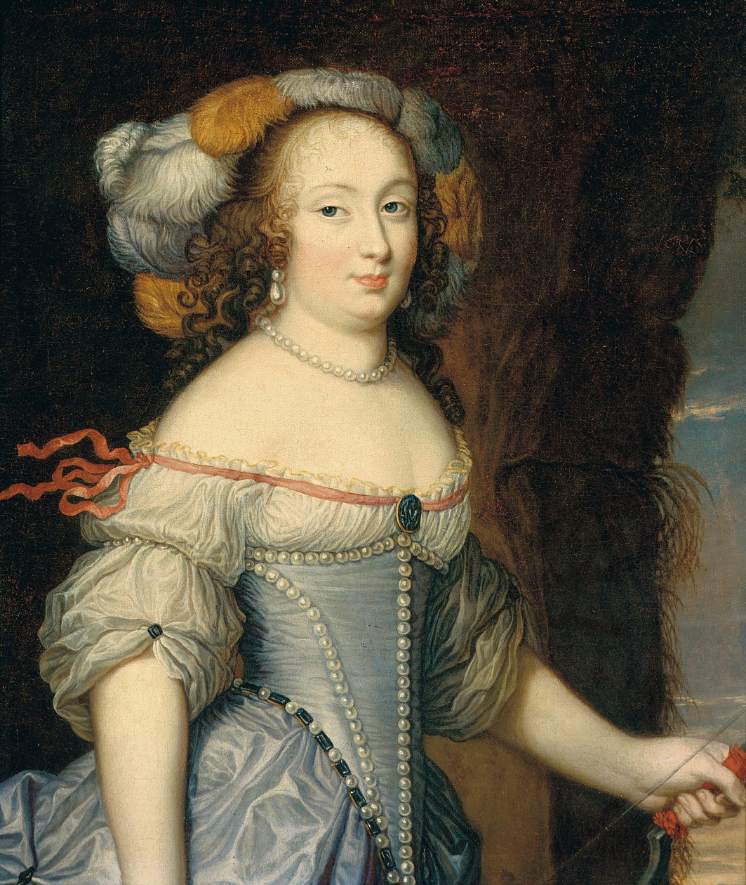 Portræt af Françoise Anthénais de Rochechouart de Mortemart, marquise de Montespan (1640-1707), halvlang, som Diana, iført en fjerbeklædt hovedbeklædning og med en sløjfe i venstre hånd (olie på lærred) af Pierre (circle of) Mignard