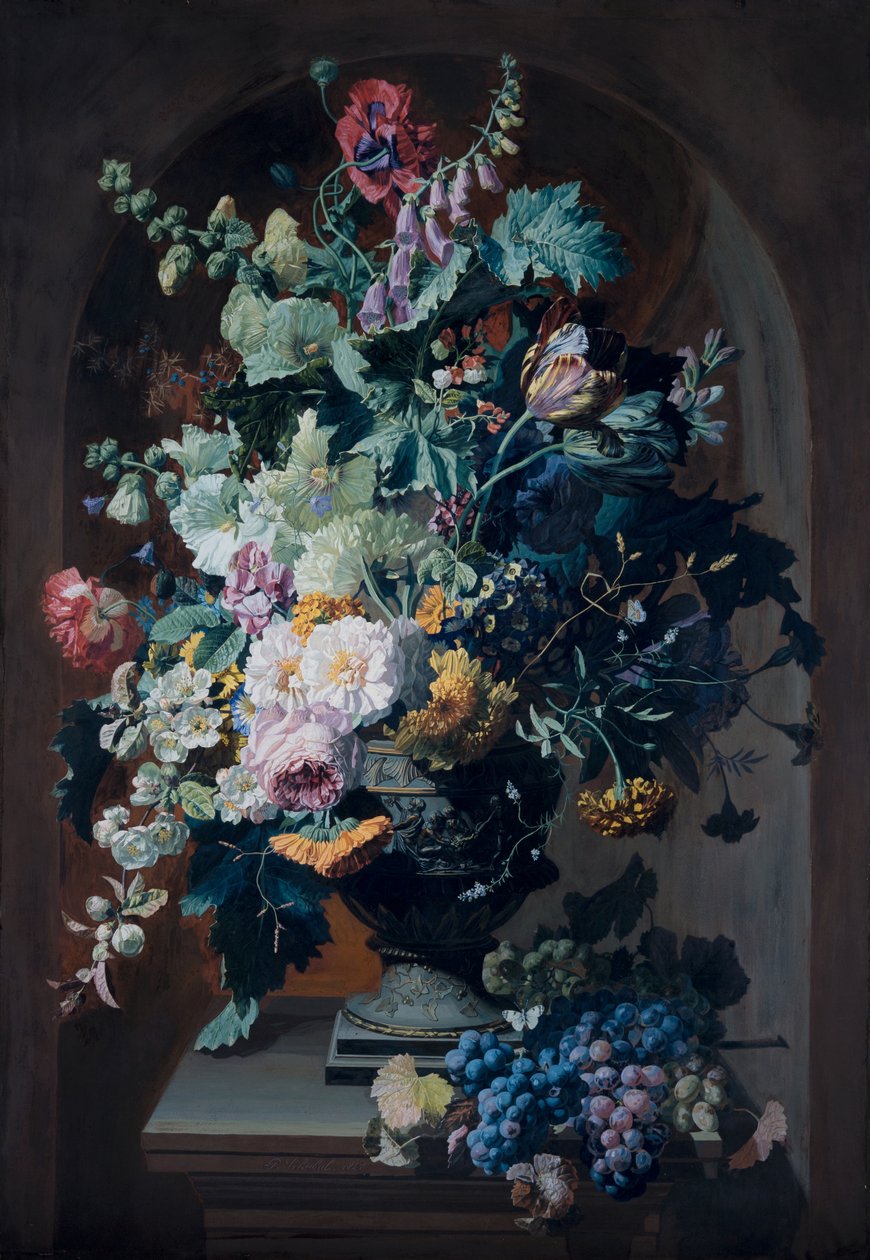 Vase af blomster med mimoser og vase med blomster med drueklas (par) af Pierre Adrien Chabal Dussurgey