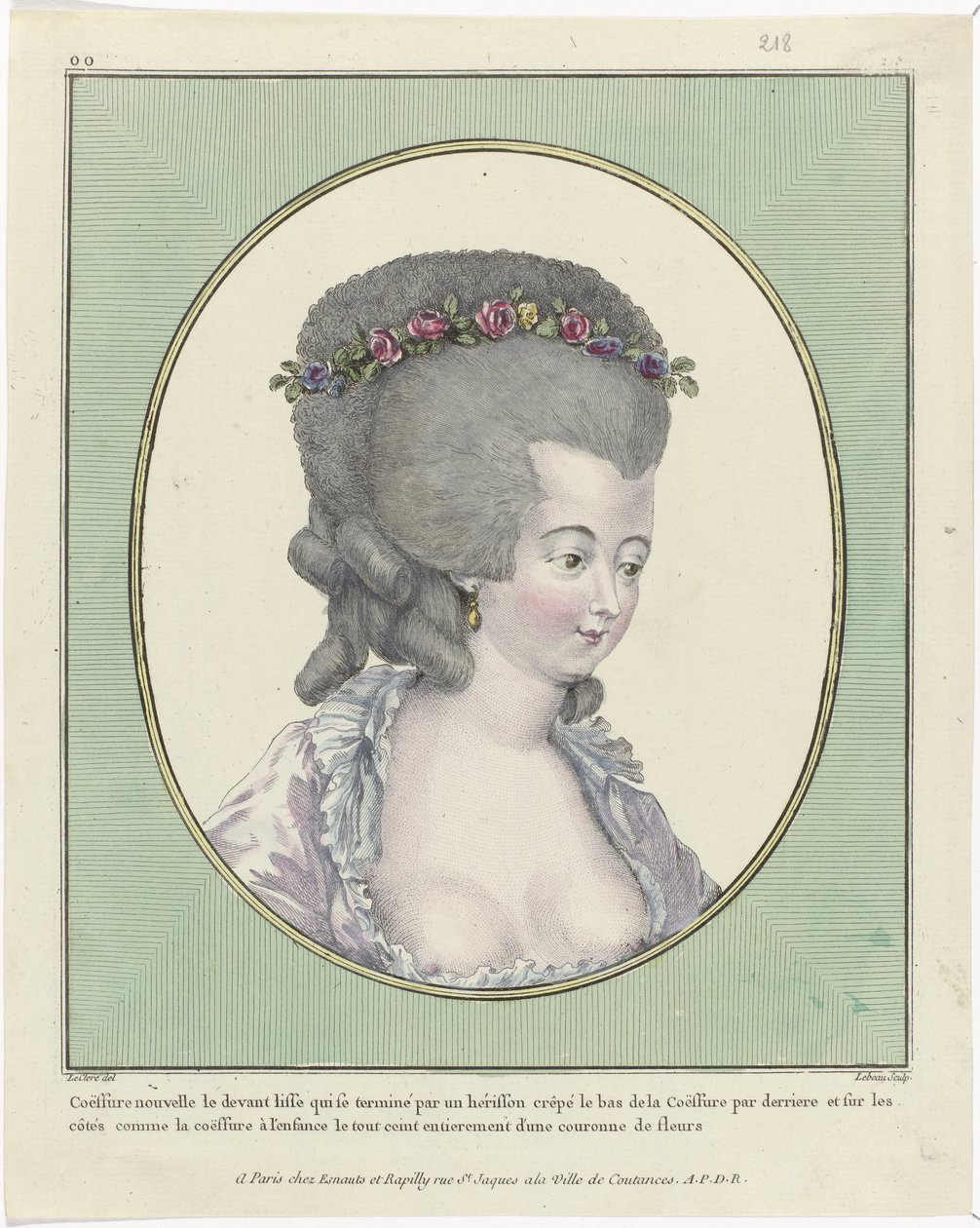 Frisurer, puf, hatte og huer: Elleve frisurer og hovedbeklædninger Galleri for fransk mode og kostumer, 1781, oo 218: New Coëffure forsiden (...) af Pierre Adrien Le Beau