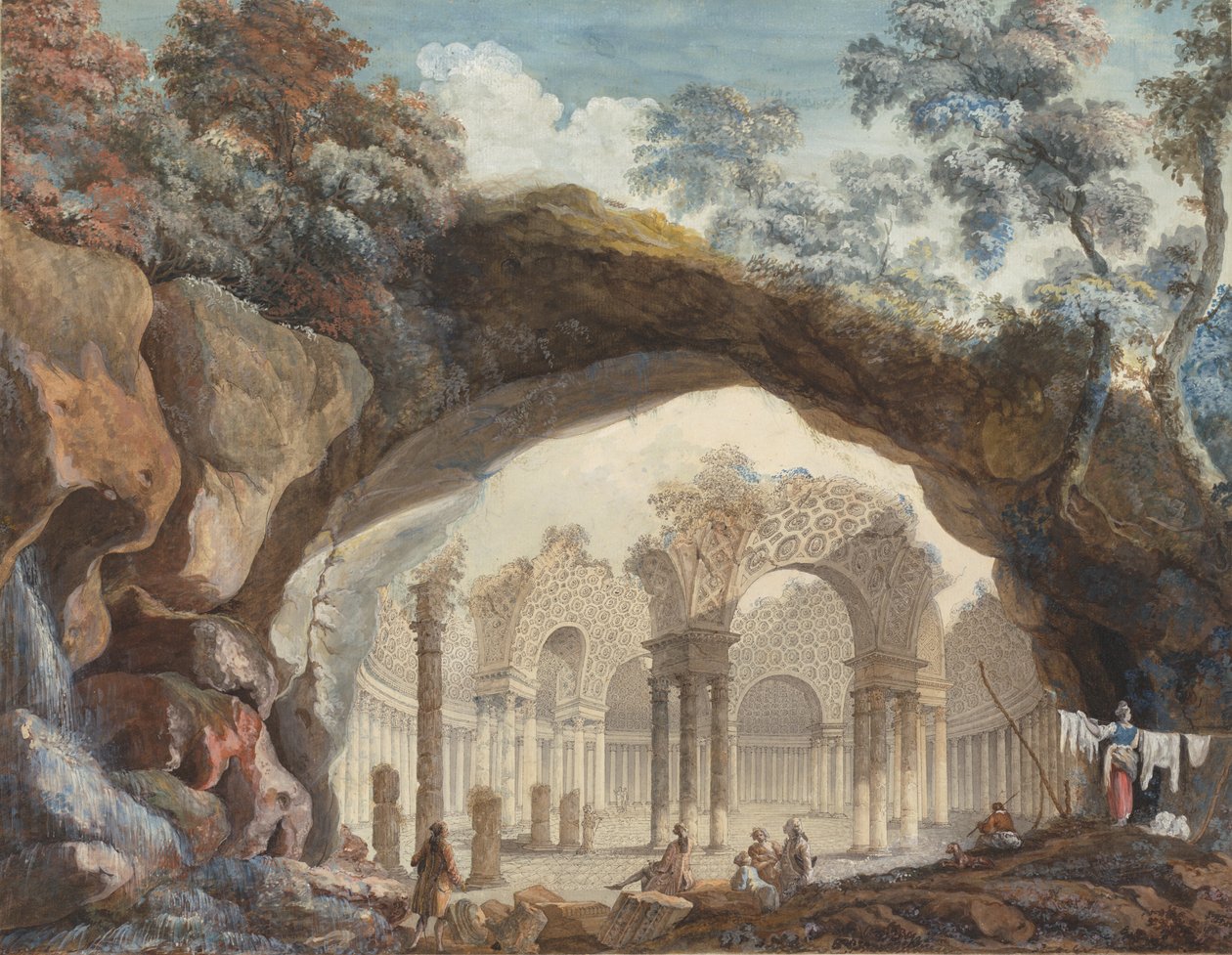 Architectural Fantasy: Ruiner af et cirkulært tempel set gennem en naturlig bue af Pierre Adrien Paris