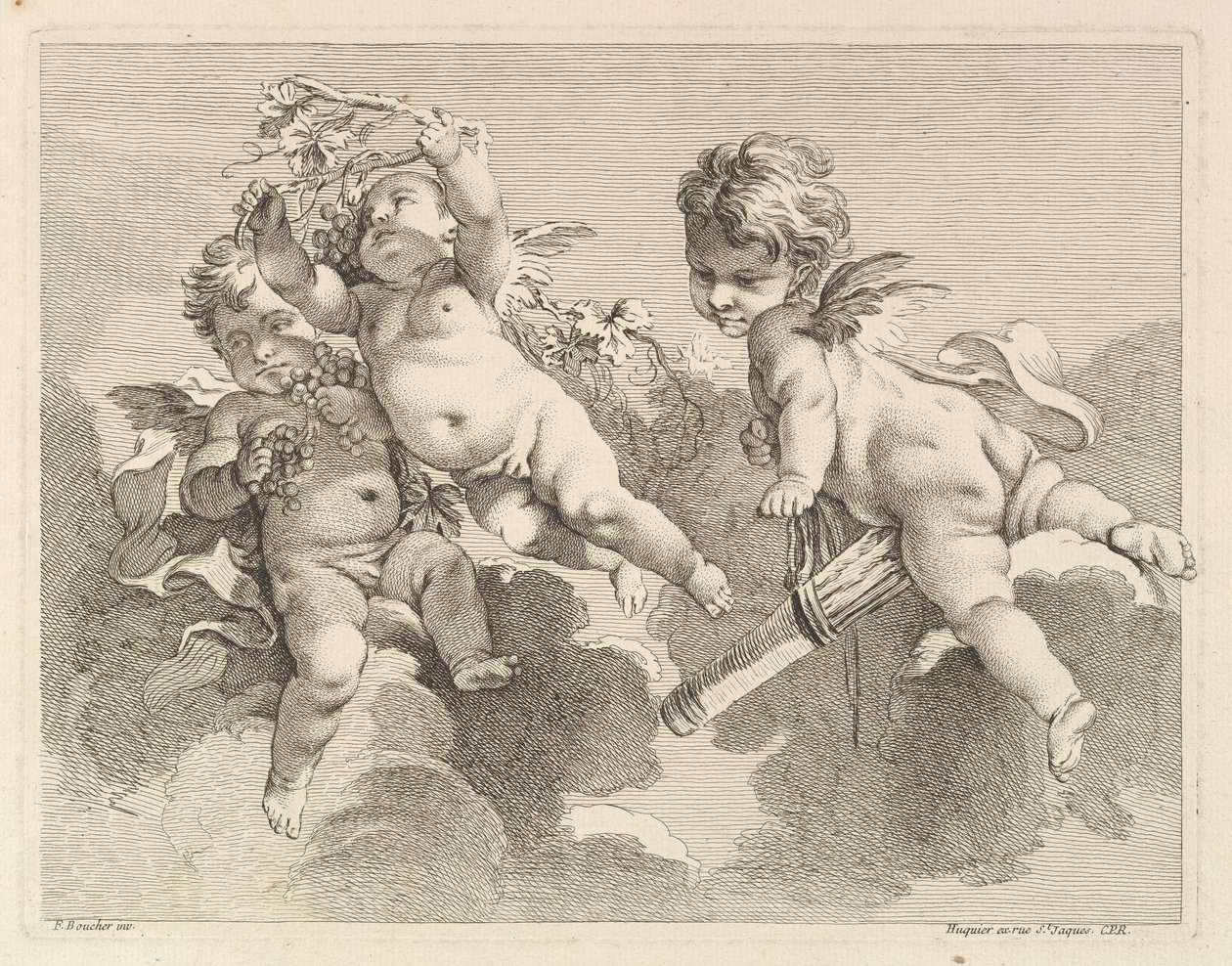 Tre kærligheder, den ene holder et kogger, den anden, druer, 1727-60. af Pierre Alexandre Aveline