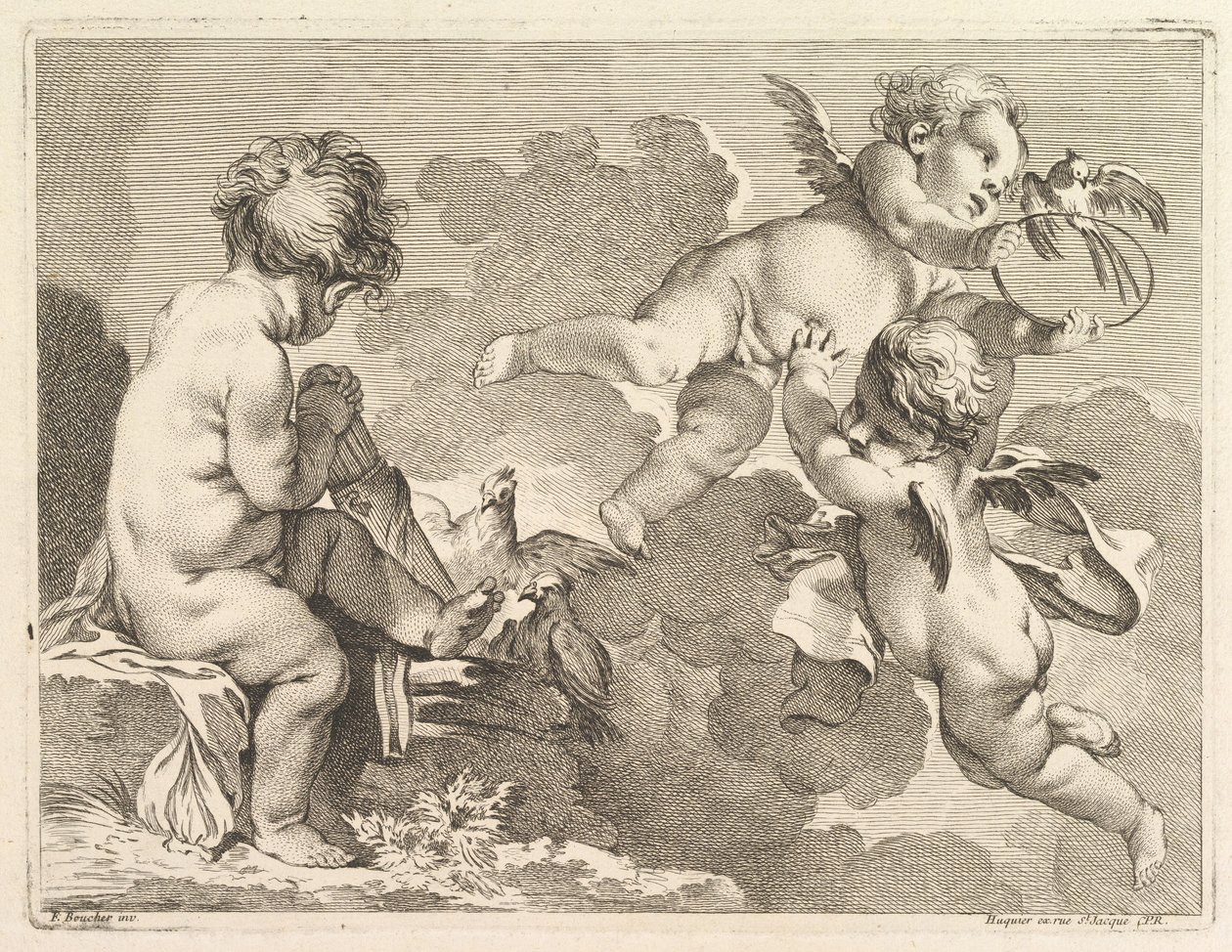 Tre kærligheder, hvoraf den ene sidder, holder et kogger, 1727-60. af Pierre Alexandre Aveline
