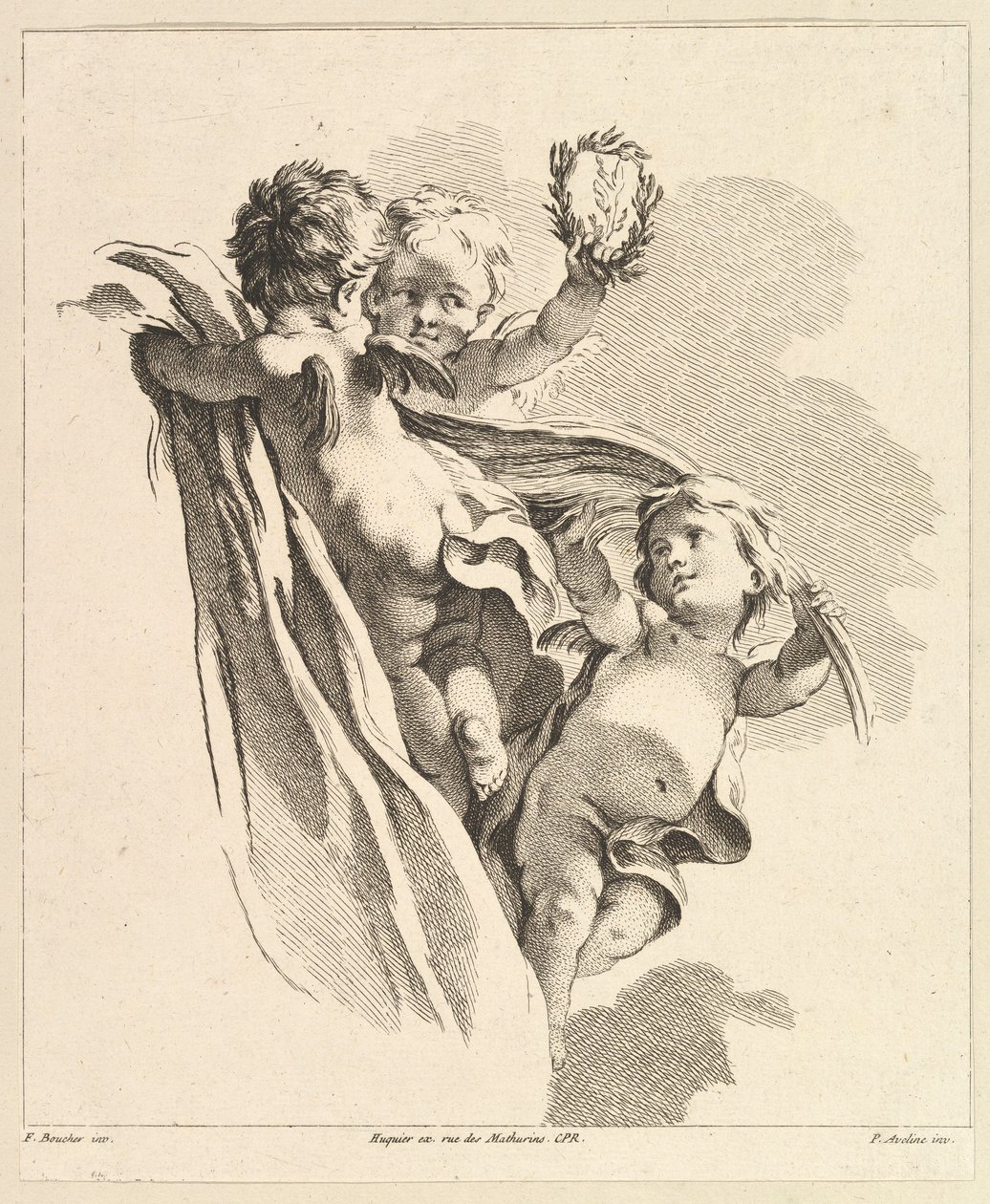 Tre amoriner, hvoraf den ene har en krone, fra den fjerde bog over børnegrupper, 1700-tallet. af Pierre Alexandre Aveline