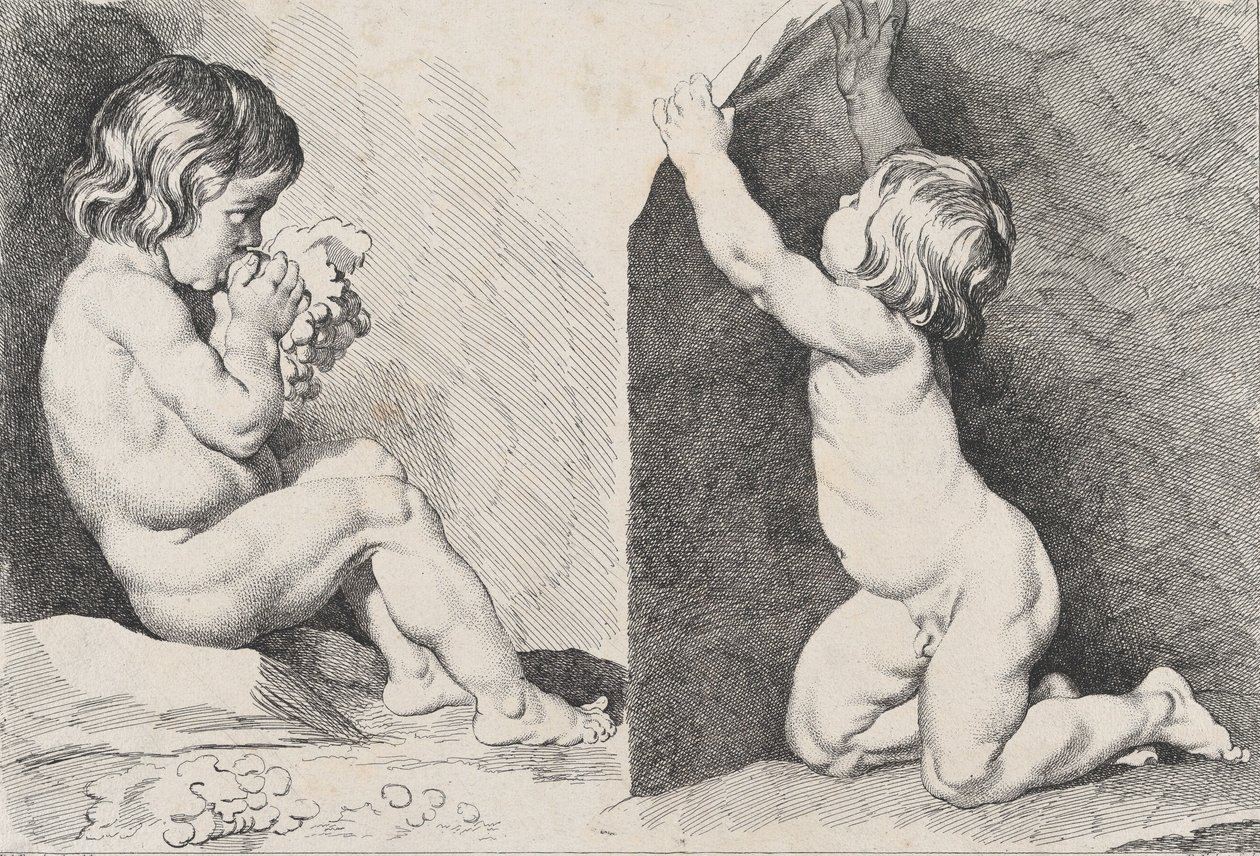 To nøgne børn, der spiser druer, fra New Book of Children, 1720-60. af Pierre Alexandre Aveline