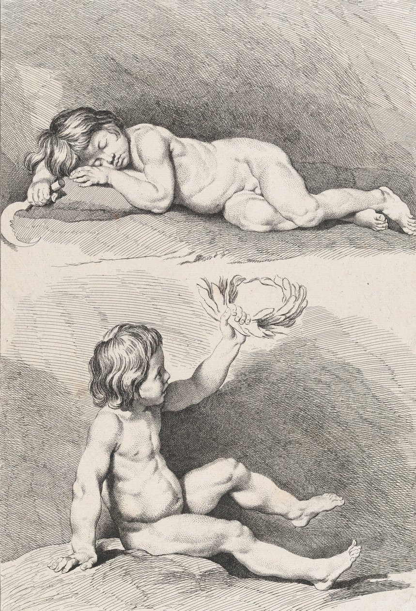 To nøgne børn, den ene sover og den anden holder en krans, fra New Book of Childr..., 1720-60. af Pierre Alexandre Aveline