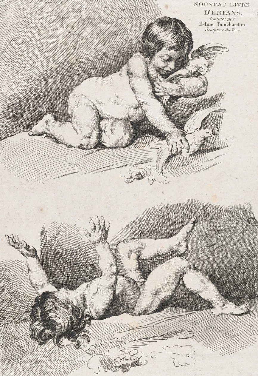To nøgne børn, der leger med et blad, fra New Book of Children, 1720-60. af Pierre Alexandre Aveline