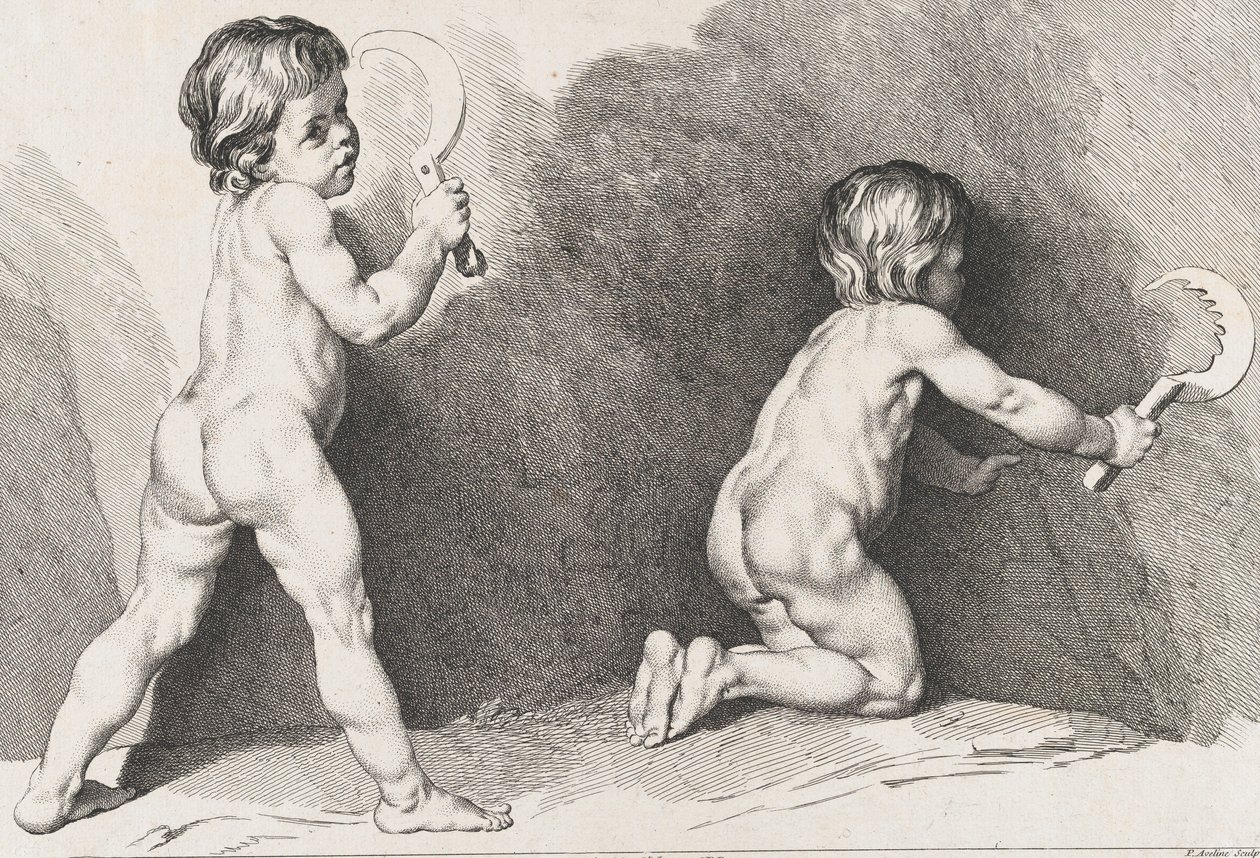 To nøgne børn stående, fra New Book of Children, 1720-60. af Pierre Alexandre Aveline