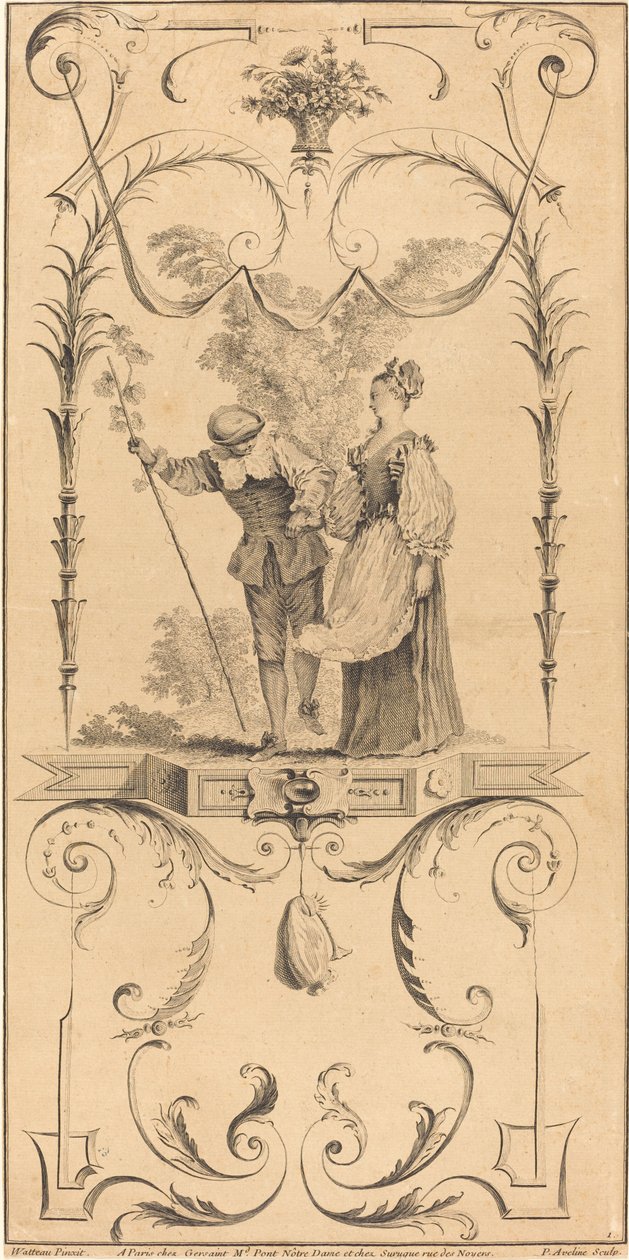 Hyrde og hyrdinde (?) af Pierre Alexandre Aveline after Antoine Watteau