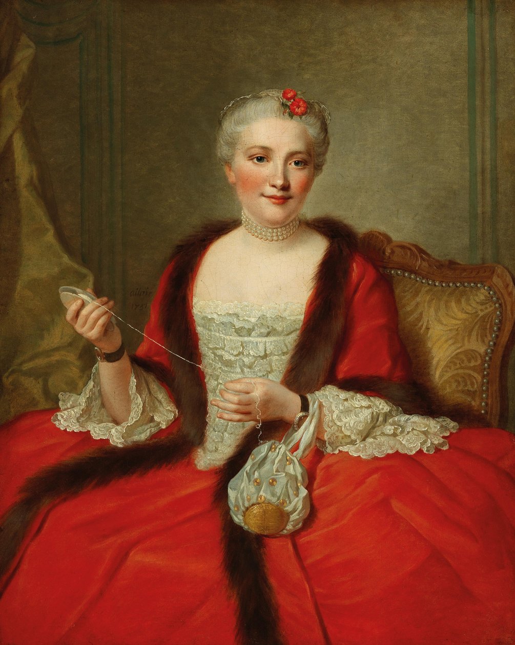Portræt af en elegant dame, der holder en væverfærge, 1751. af Pierre Allais