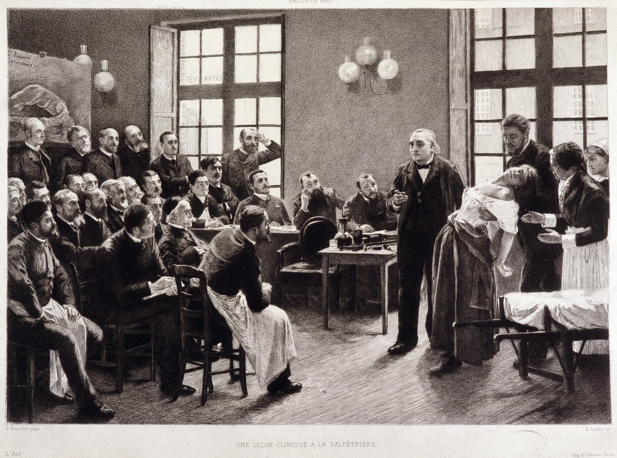 En klinisk forelæsning af Dr. Charcot på Salpetriere i 1887. Studerende fra afdelingen af professor Jean Martin Charcot, der forklarer sagen om Blanche Wittman, hans patient og marsvin foretrækker hendes forskning i hysteri. Han var assistent for Jo af Pierre Andre (after) Brouillet