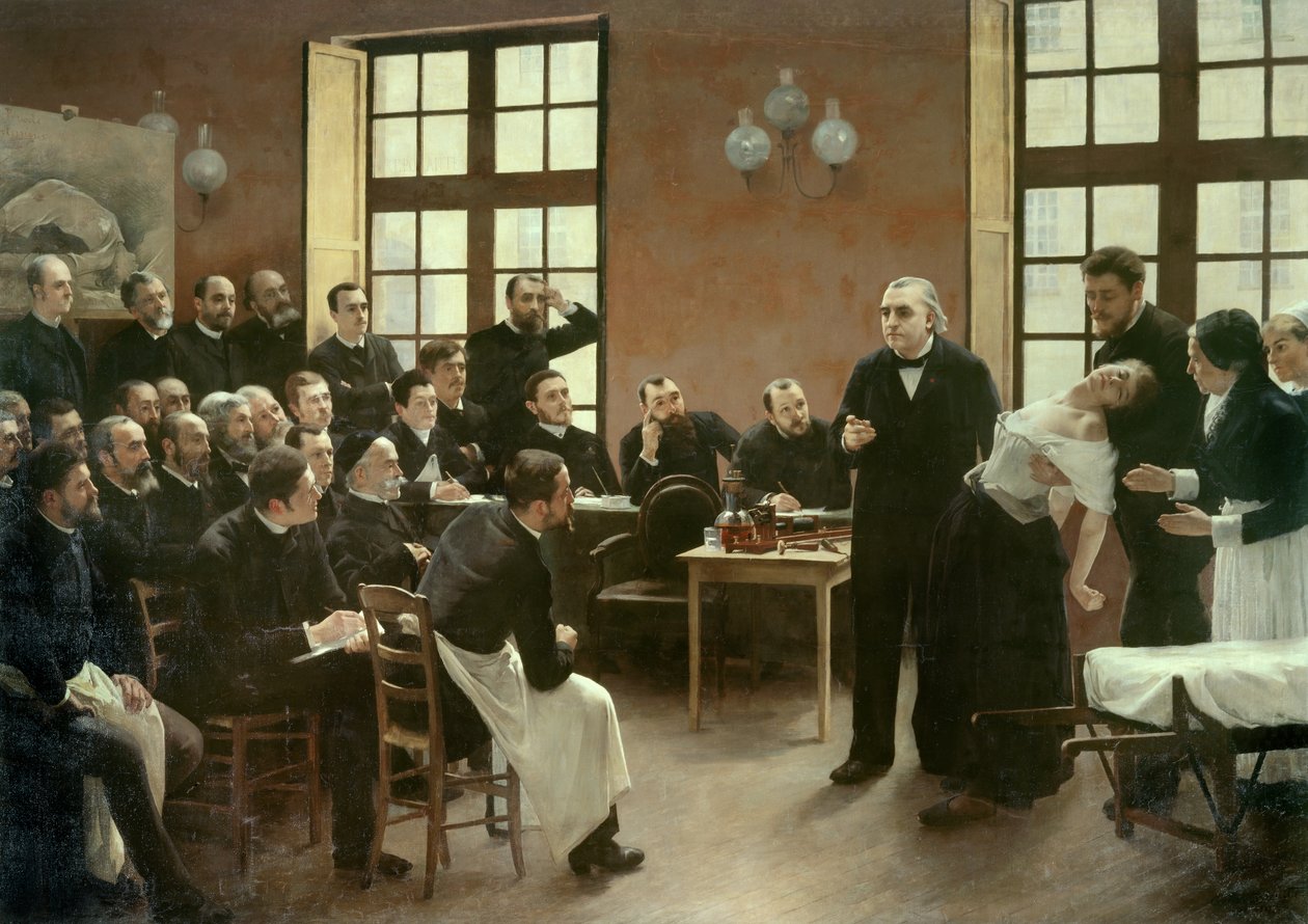 En klinisk forelæsning af Dr. Charcot på Salpetriere i 1887. Studerende fra afdelingen af professor Jean Martin Charcot (1825-1893), der forklarer sagen om Blanche Wittman, hans patient og marsvin foretrækker hendes forskning i hysteri. Han var en assisten af Pierre Andre Brouillet
