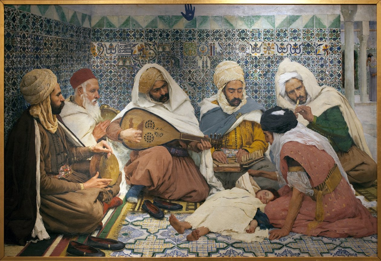 Eksorcisme: Arabiske musikere jager jinn fra et barns krop. Maleri af Andre Brouillet (1857-1914), Olie på lærred af Pierre Andre Brouillet
