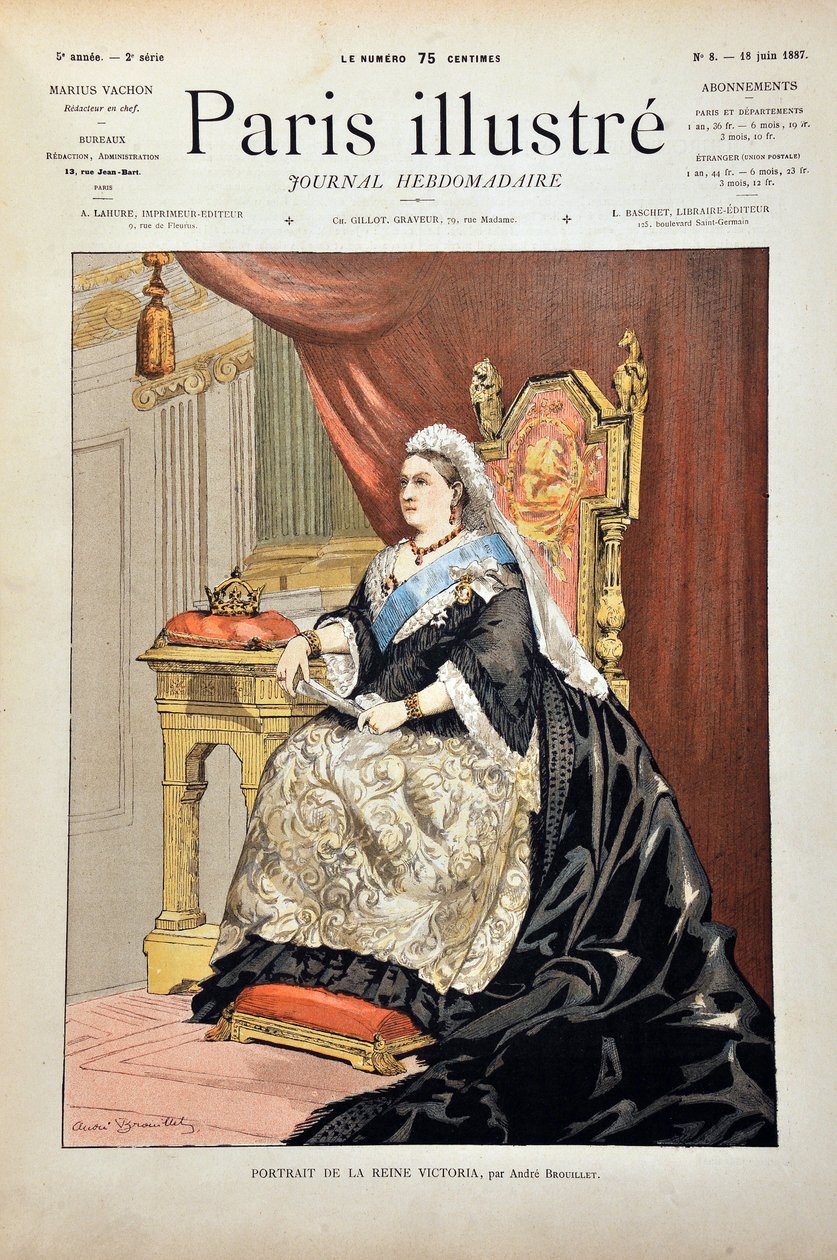 Portræt af Victoria Iere, dronning af England (1819-1901) af Andre Brouillet, gravering af 1887 i "" Paris-Illustrous journal weekly"". af Pierre Andre Brouillet