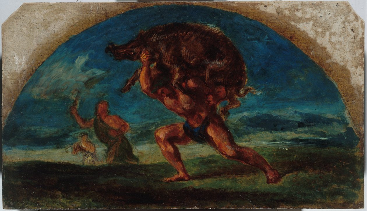 Skitse til Salon de la Paix i Hôtel de Ville i Paris: Hercules and the Erymanthem Boar, efter Delacroix, mellem 1852 og 1854 (olie) af Pierre Andrieu