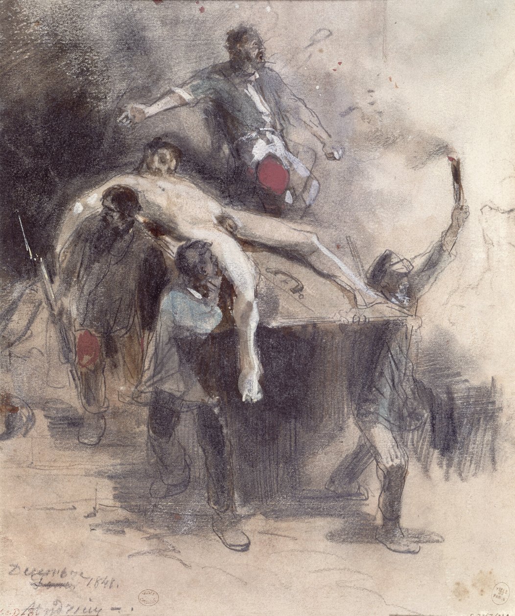 Mænd, der bortfører et lig, 23. februar 1848 (gouache) af Pierre Andrieu