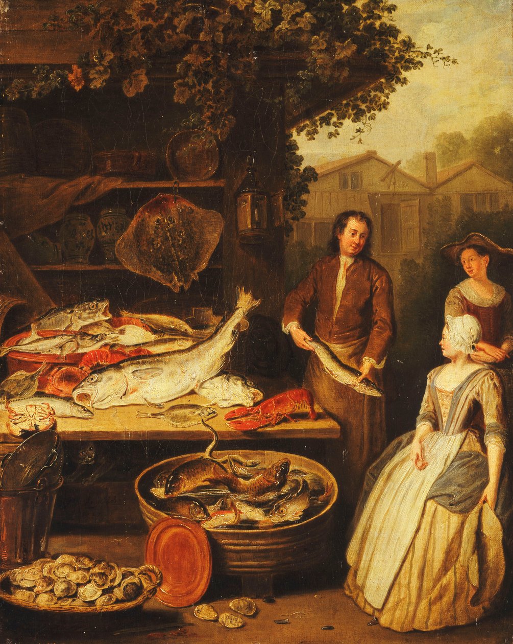 En fiskehandler viser en gedde til en stuepige, 1727 af Pierre Angelis or Angillis