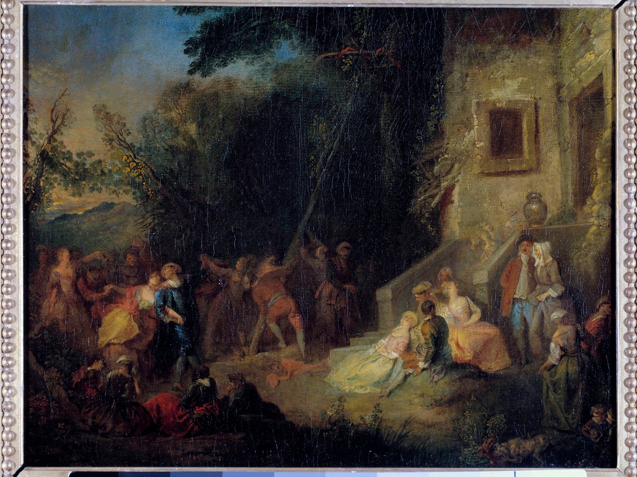 maj plantede en traditionel fest, som bestod i at plante et træ i maj. Maleri tilskrevet Pierre-Antoine Quillard (ca. 1701-1733) 1700-tallet. Sol 0,37x0,45 m af Pierre Antoine (attr. to) Quillard