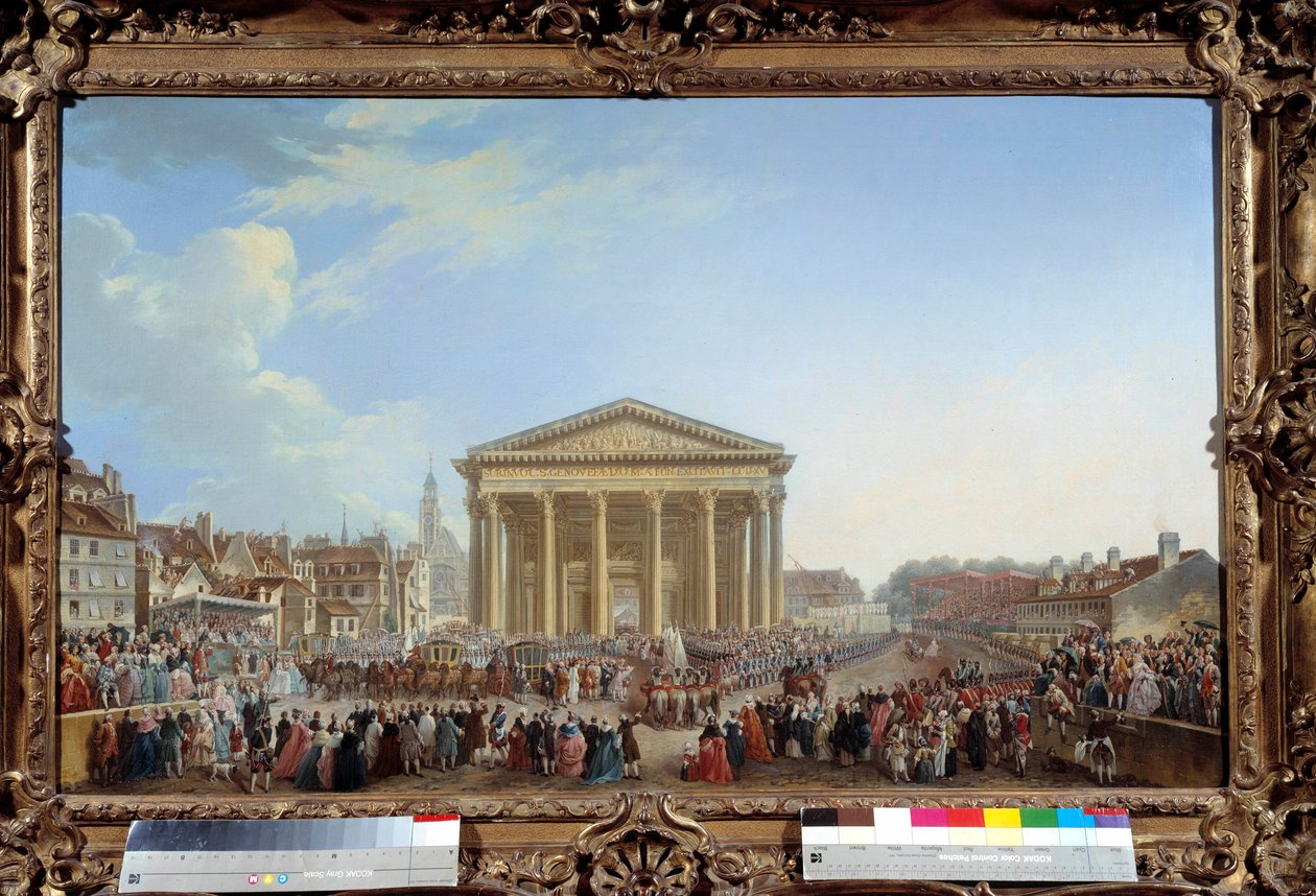 Ceremoni med nedlæggelse af den første sten til den nye kirke Saint Genevieve den 6/09/1764 nær Pantheon-maleriet af Pierre Demachy (1723-1807) 1765. Dim. 81 x 1,29 m Paris, musee Carnavalet - Ceremoni for lægning af den første sten til den nye St Genevi-k af Pierre Antoine Demachy