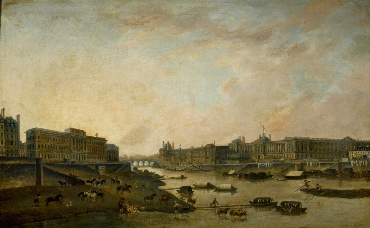 Hôtel de la Monnaie og Louvre, set fra Pont-Neuf, ca. 1800. af Pierre Antoine Demachy
