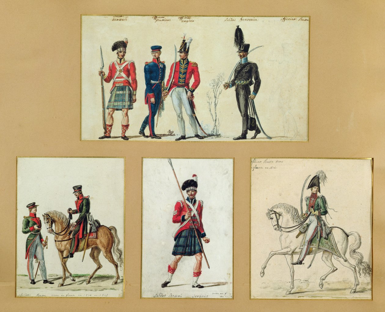 Skotske soldaters uniformer og preussiske, engelske, hannoveranske og russiske officerer i 1814 af Pierre Antoine Lesueur