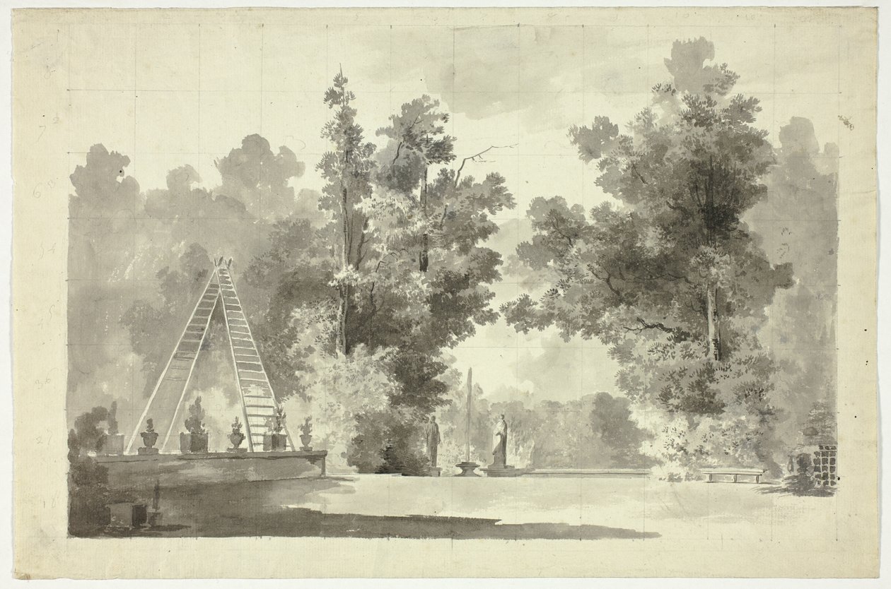 Udsigt over parken ved Versailles: Bue af stiger med planter; statuer af Pierre Antoine Mongin