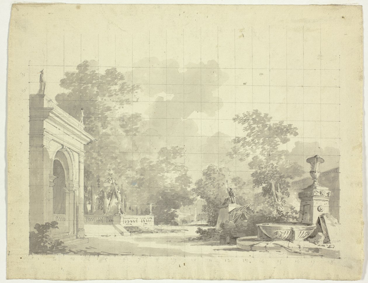 Udsigt over parken ved Versailles: Buet indgang til en terrasse, urner og ødelagte statuer af Pierre Antoine Mongin