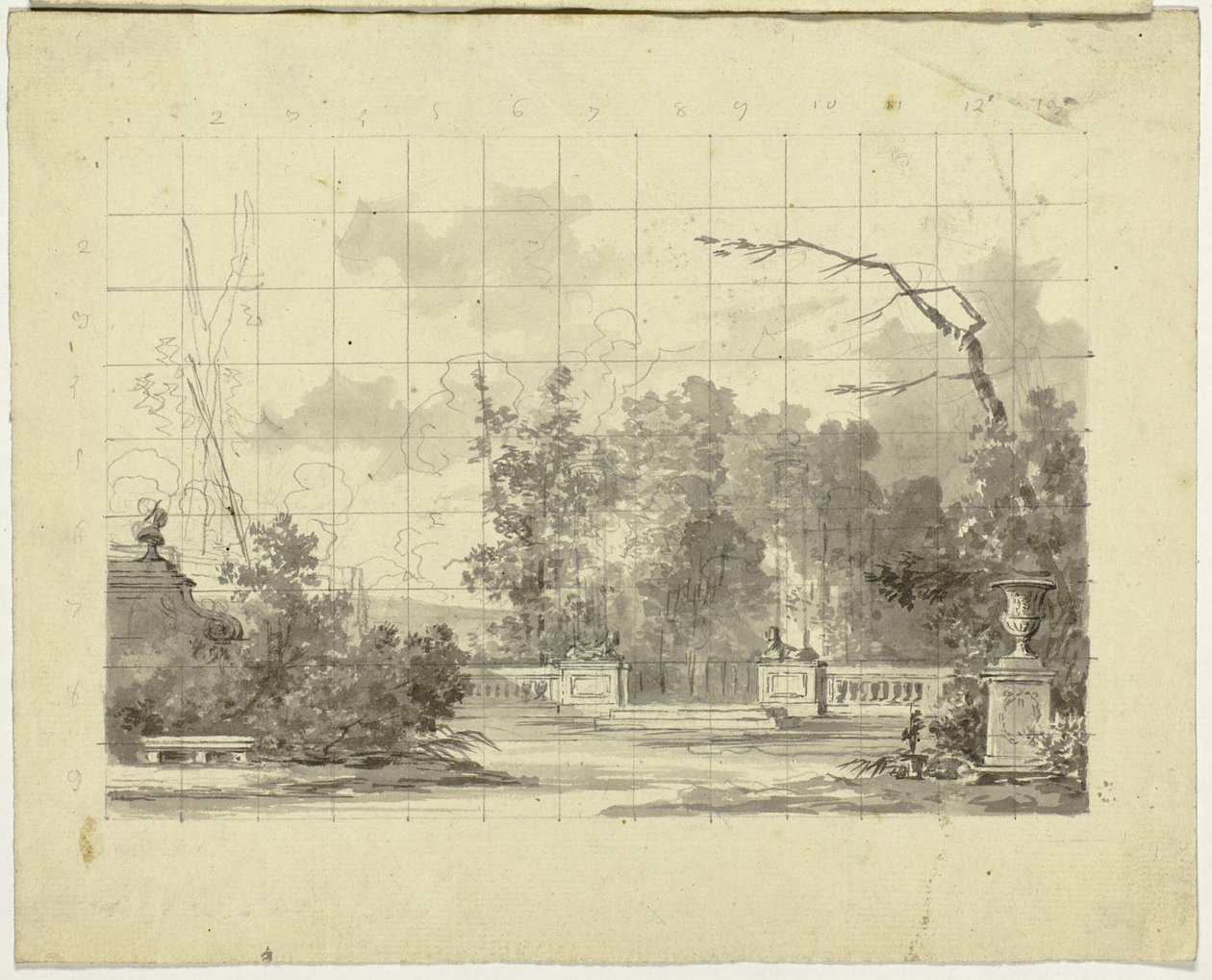 Udsigt over parken ved Versailles: Balustrade med to sfinks-urner af Pierre Antoine Mongin