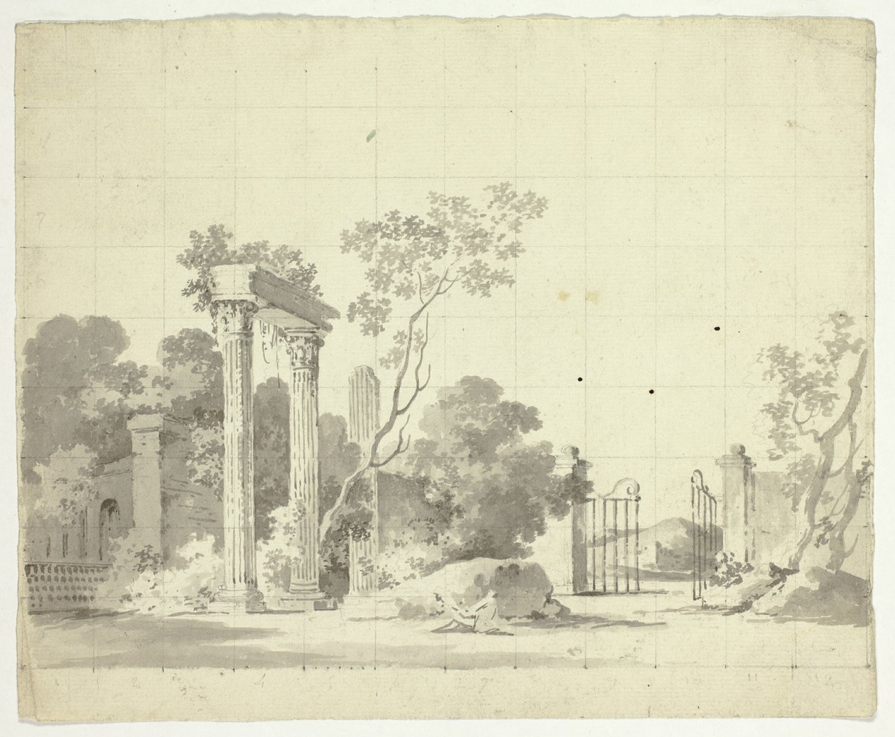 Udsigt over parken ved Versailles: Ødelagte søjler og en åben jernport af Pierre Antoine Mongin