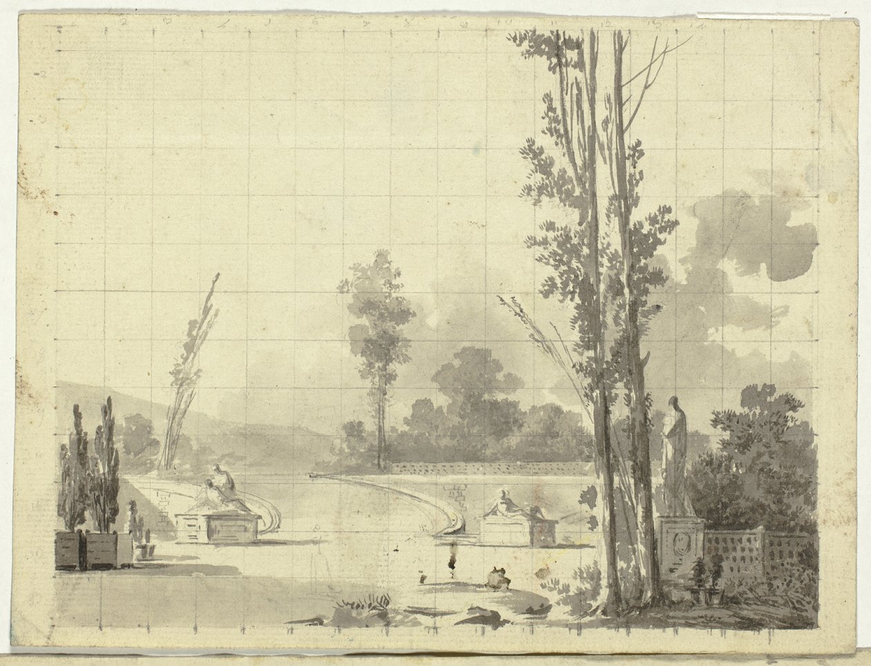 Udsigt over parken ved Versailles: Trappe og to popler af Pierre Antoine Mongin