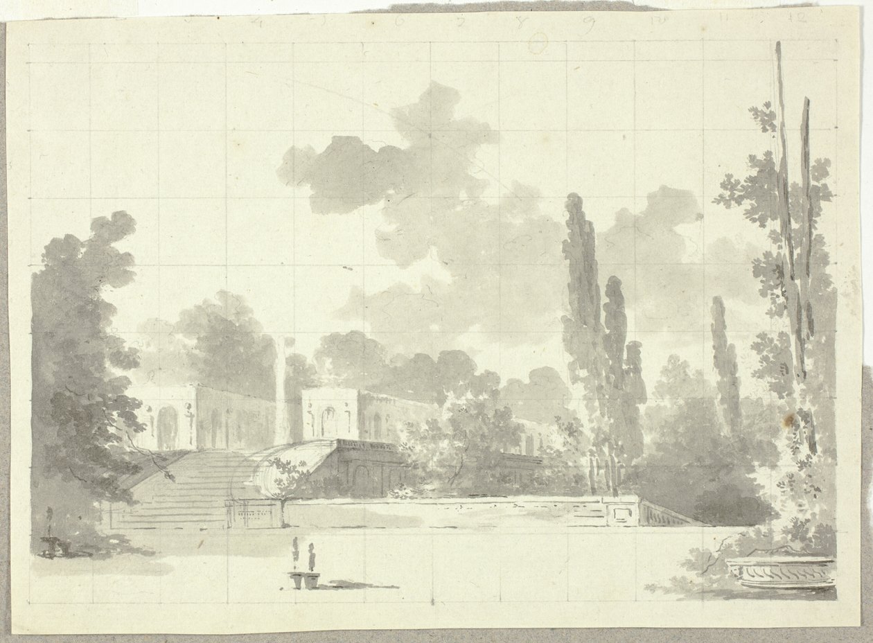 Udsigt over parken ved Versailles: Trappe til terrasse med tempel og søjle af Pierre Antoine Mongin