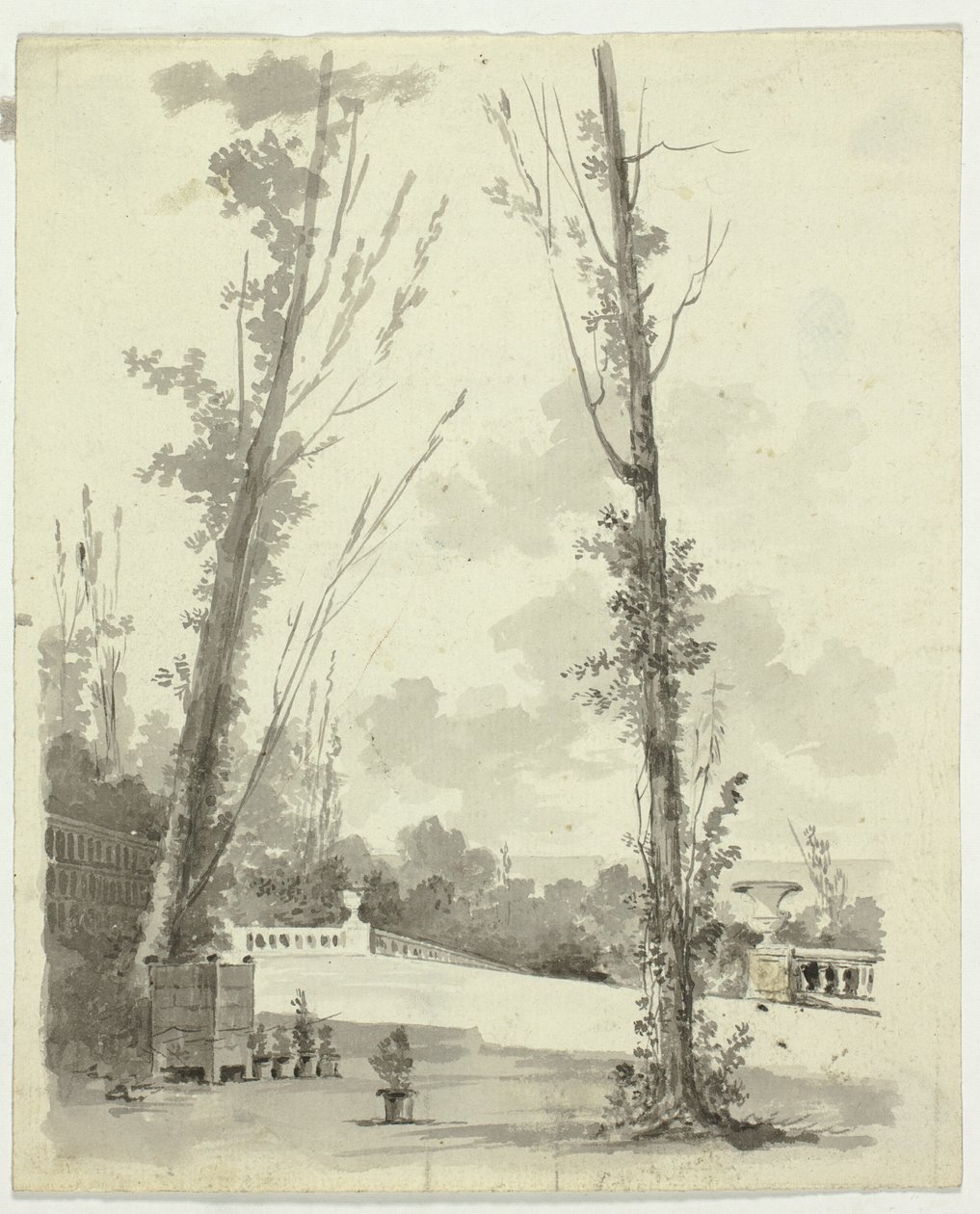 Udsigt over parken ved Versailles: To poppeltræer med balustraded Walk i baggrunden af Pierre Antoine Mongin