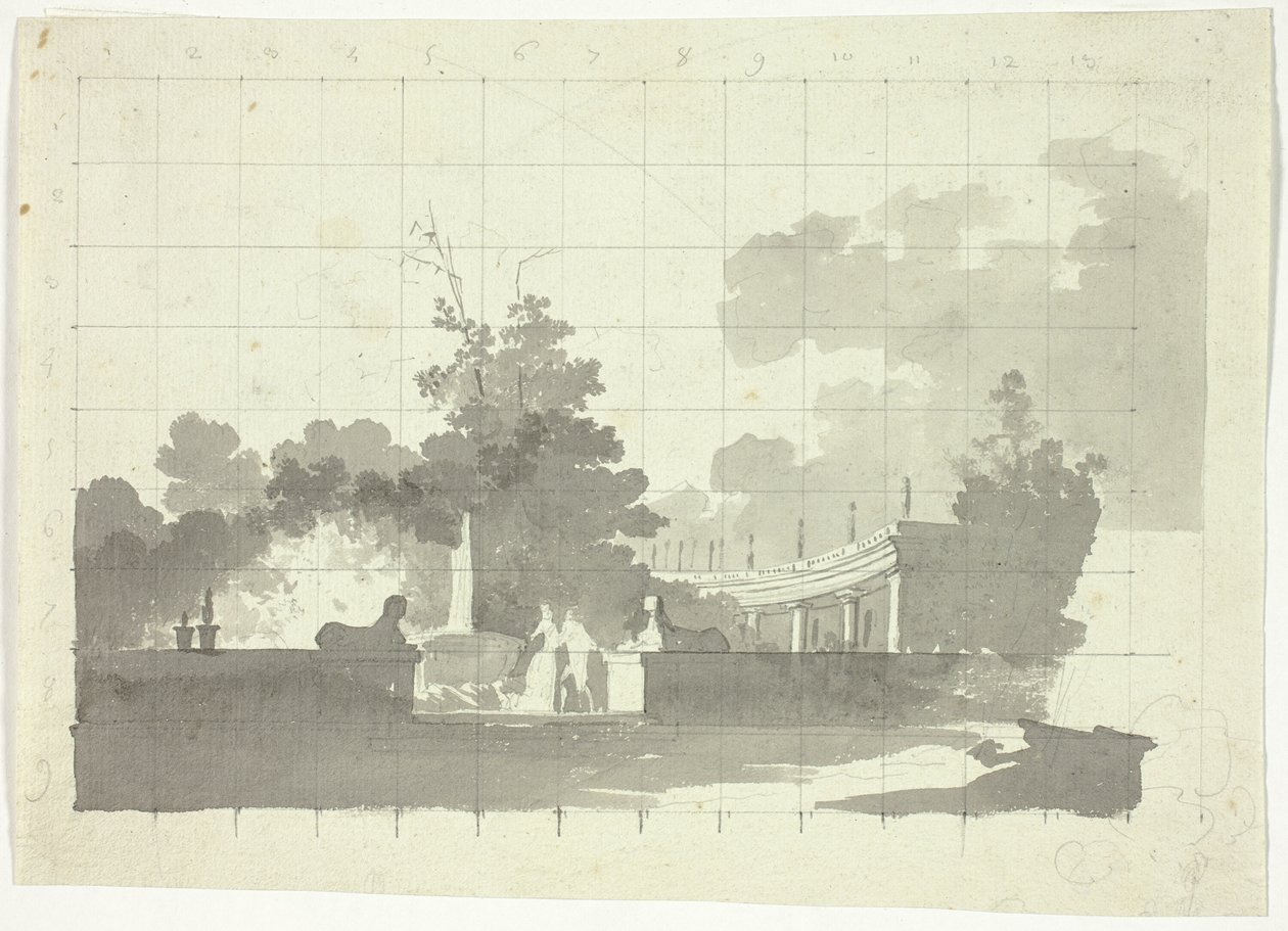 Udsigt over parken ved Versailles: To sfinkser og et par i nærheden af en collonade af Pierre Antoine Mongin