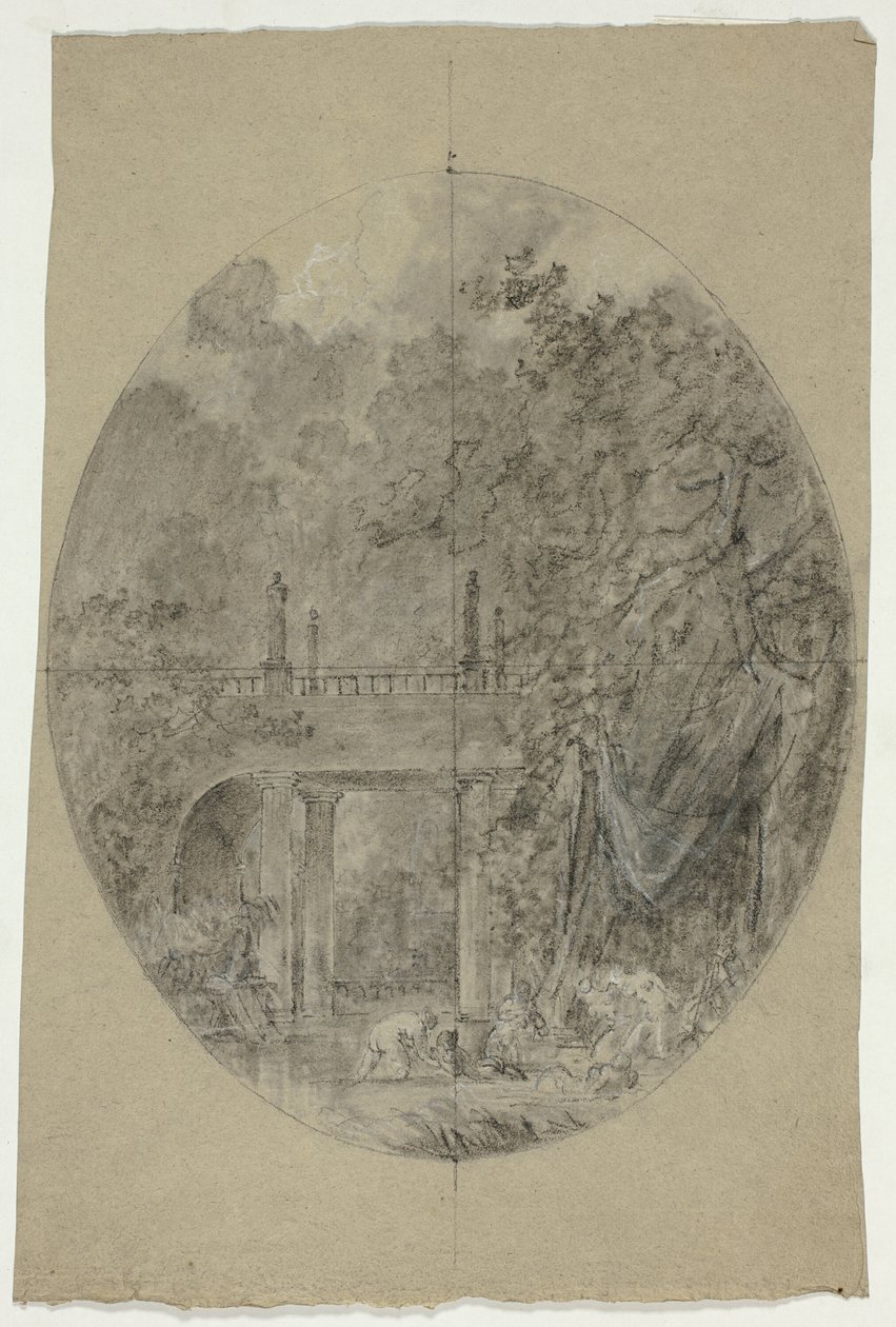 Udsigt over parken ved Versailles: Kvinder bader under en bro af Pierre Antoine Mongin