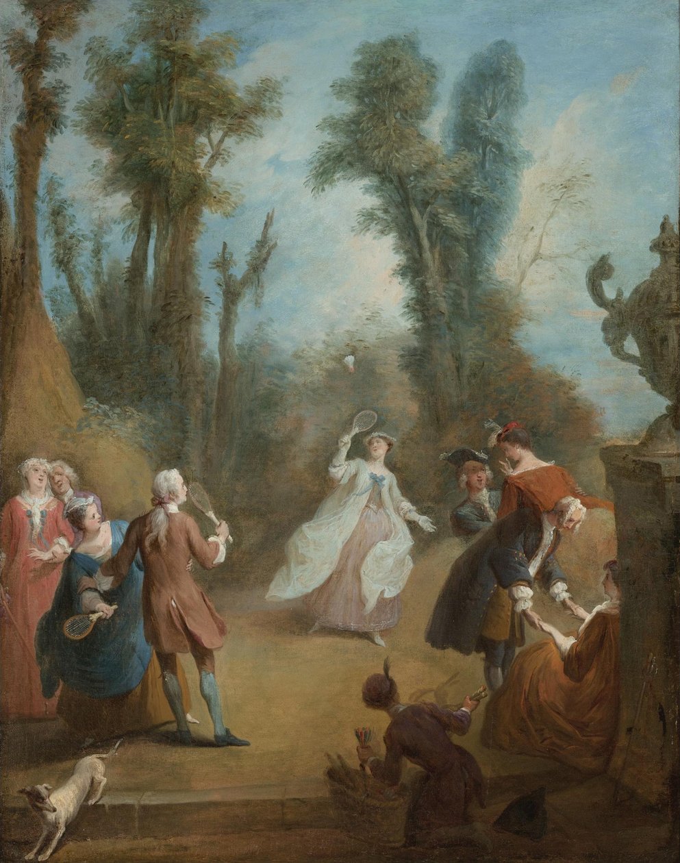 Elegante figurer, der spiller fjerbold i en park, ca 1730 af Pierre Antoine Quillard