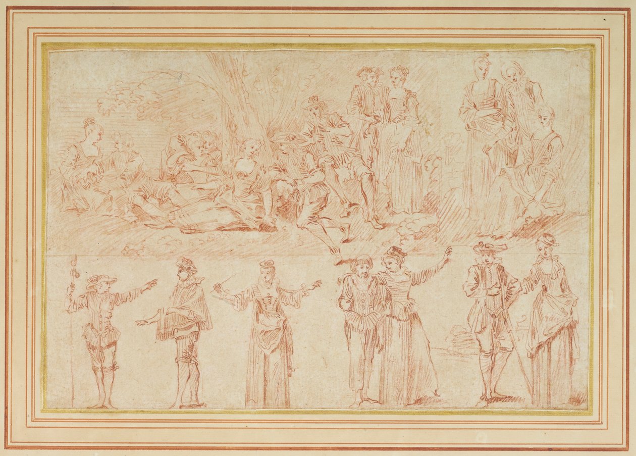 To fester galantes og studier af enkelte figurer og par (rødt kridt på papir) af Pierre Antoine Quillard