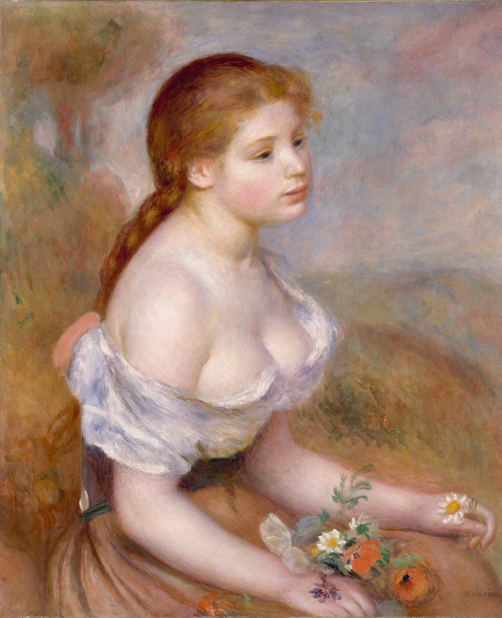En ung pige med tusindfryd af Pierre Auguste Renoir