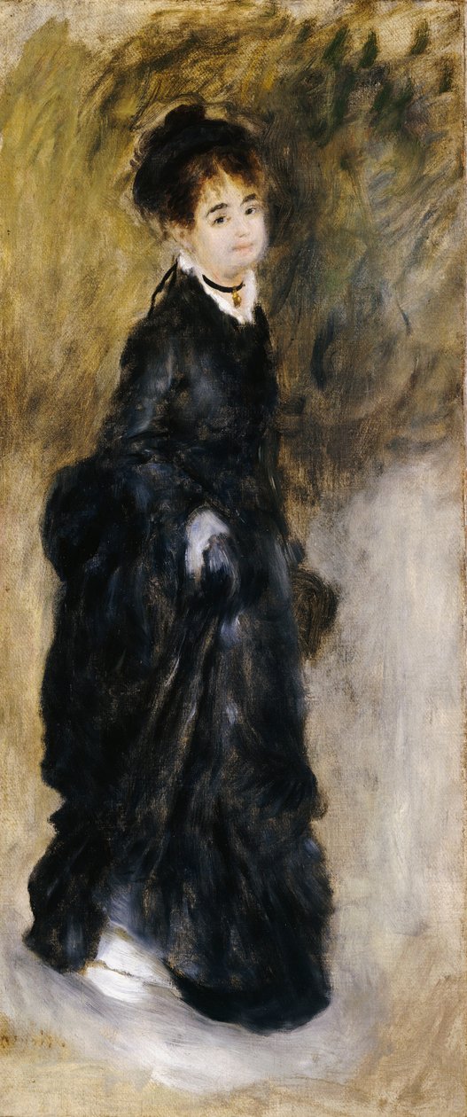 En ung kvinde i fuld længde, der holder sin nederdel op, 1877 af Pierre Auguste Renoir