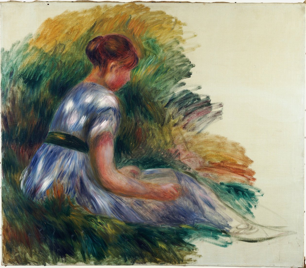 Alice Gamby i haven, ung pige, der sidder i græsset, 1891 af Pierre Auguste Renoir