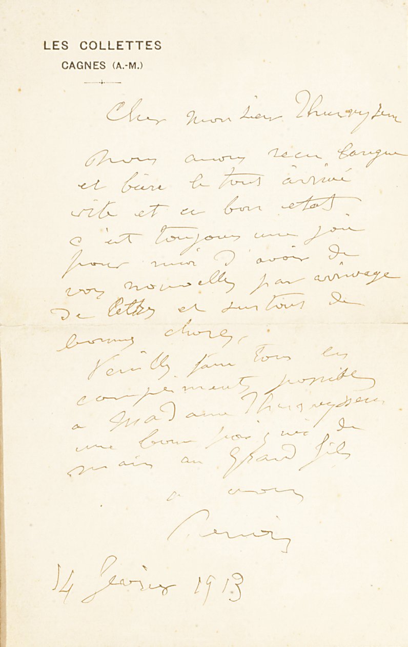 Autografbrev underskrevet til Dr. Fritz Thurneyssen, Paris og Les Collettes, 24. juni 1908 af Pierre Auguste Renoir