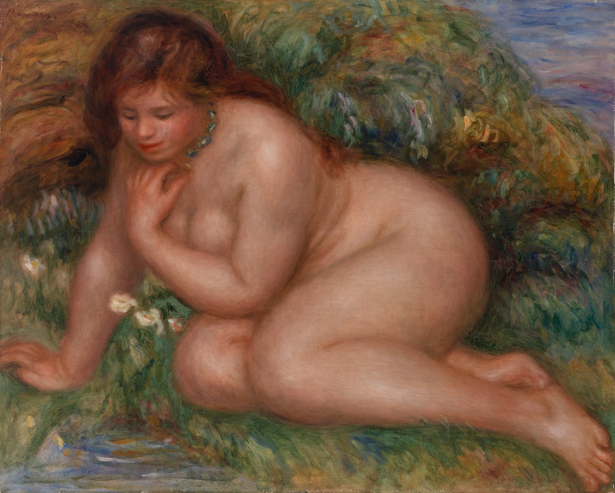 Badende stirrer på sig selv i vandet af Pierre Auguste Renoir