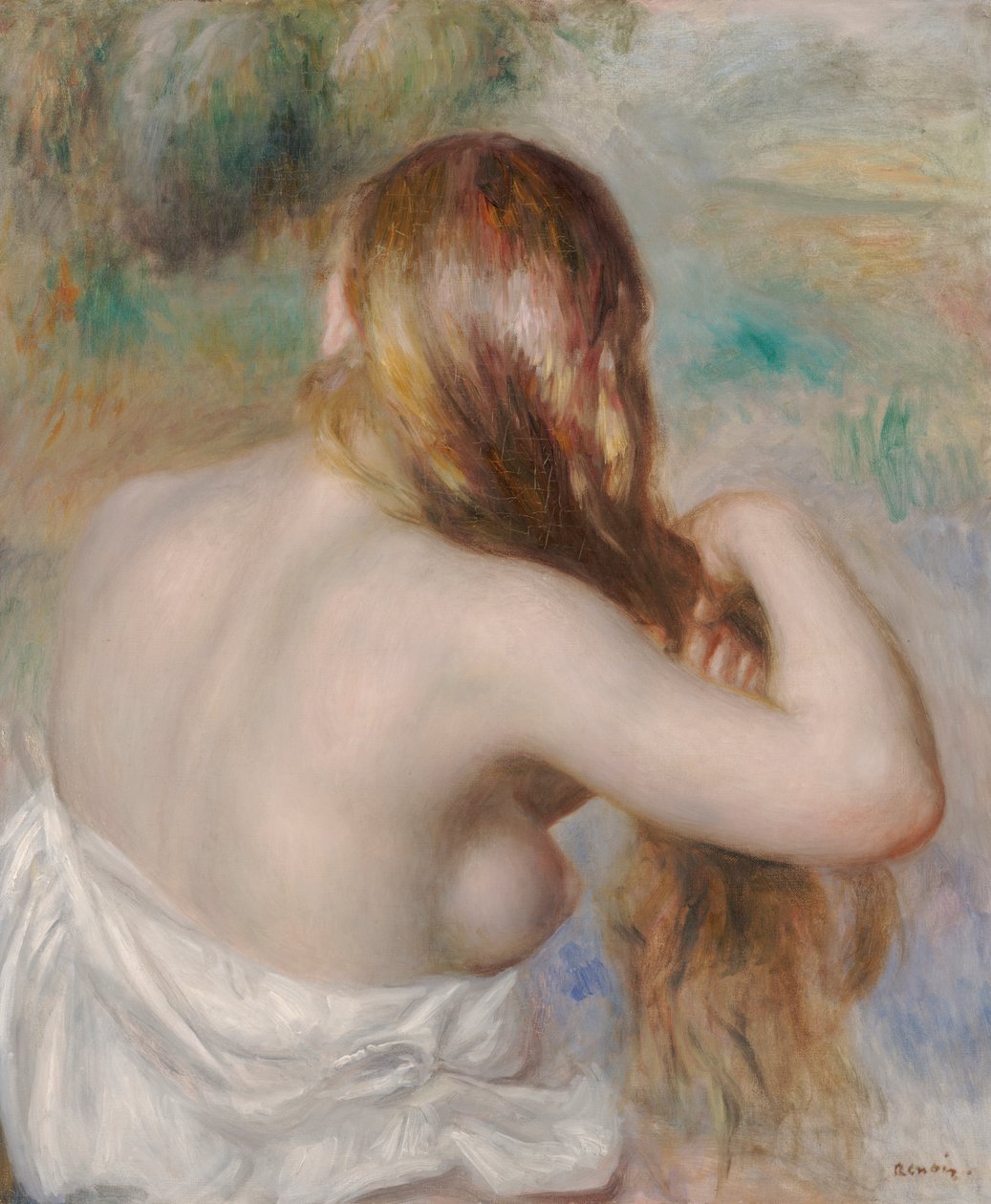 Blond, der fletter sit hår af Pierre Auguste Renoir