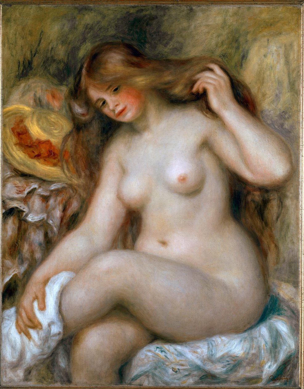 Blond badegæst. Nøgen kvinde med meget langt hår. Maleri af Pierre Auguste Renoir (Pierre-Auguste af Pierre Auguste Renoir