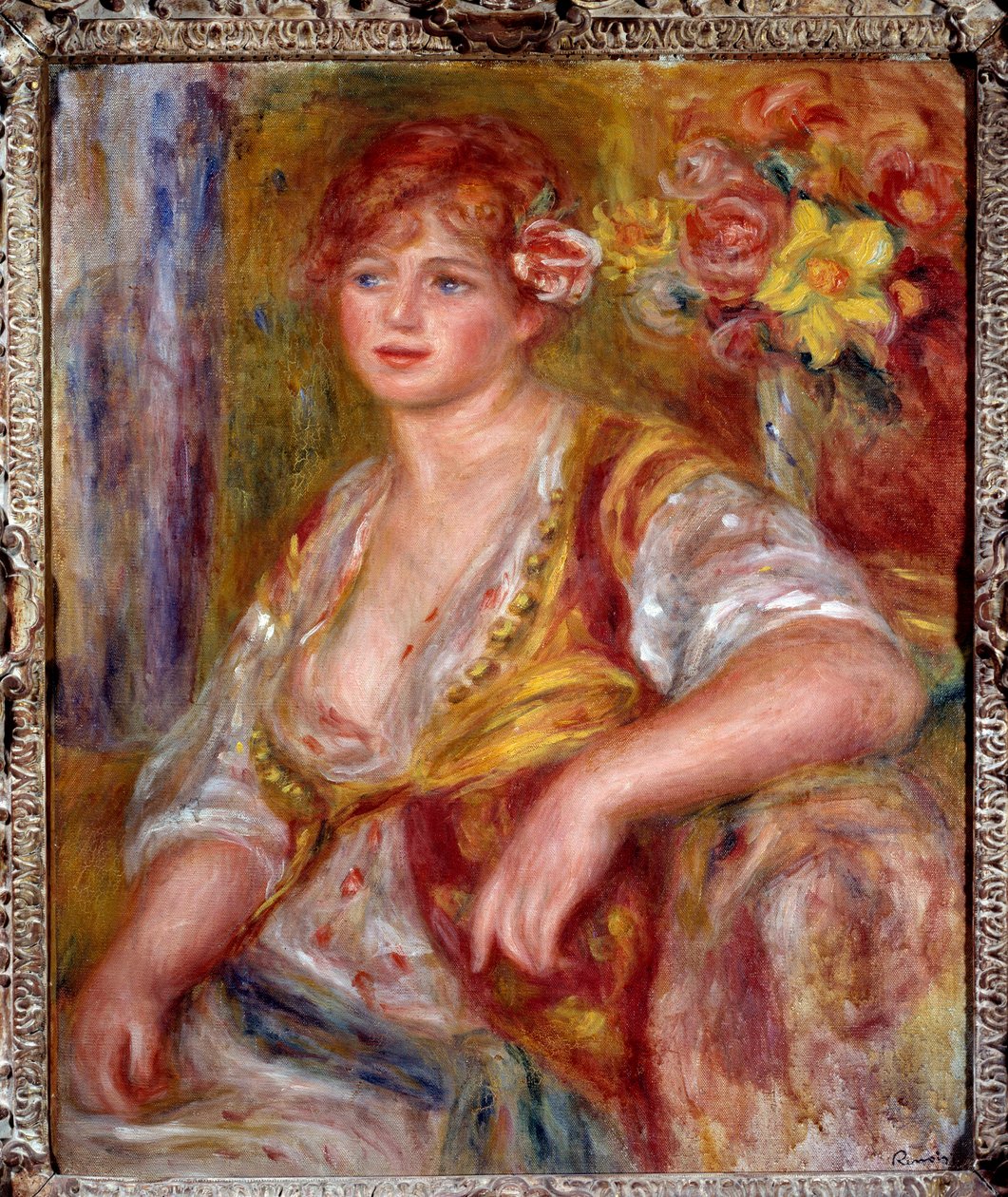 Blondinen har rosen. Portræt af Andree Madeleine Heuschling (1900-1979) med tilnavnet "Dedee", en komiker kendt som Catherine Hessling (hun giftede sig med Jean Renoir i 1920). Maleri af Pierre Auguste Renoir (1841-1919), ca. 1915. Olie på lærred. Fransk I af Pierre Auguste Renoir