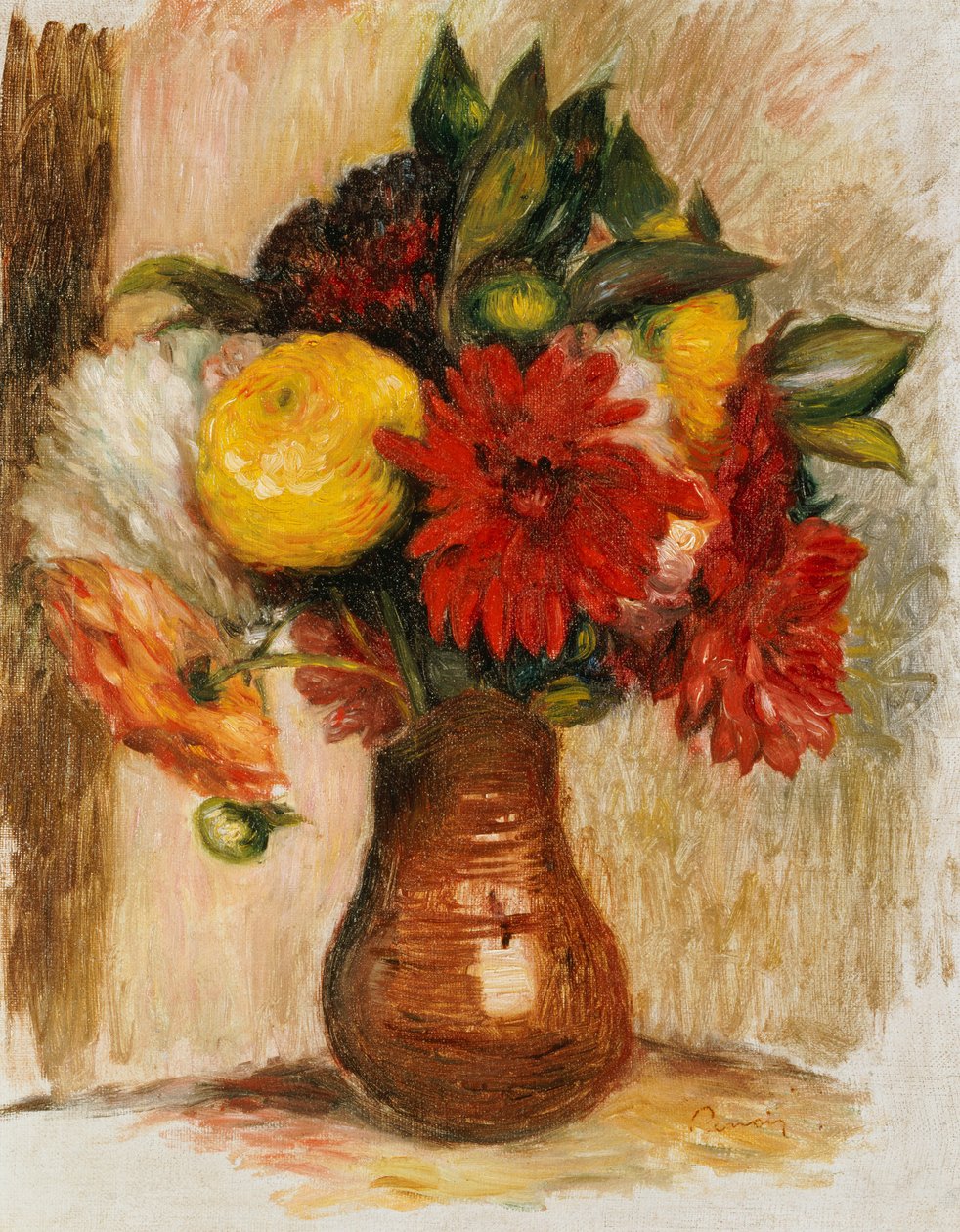 Buket blomster i en stenkande af Pierre Auguste Renoir