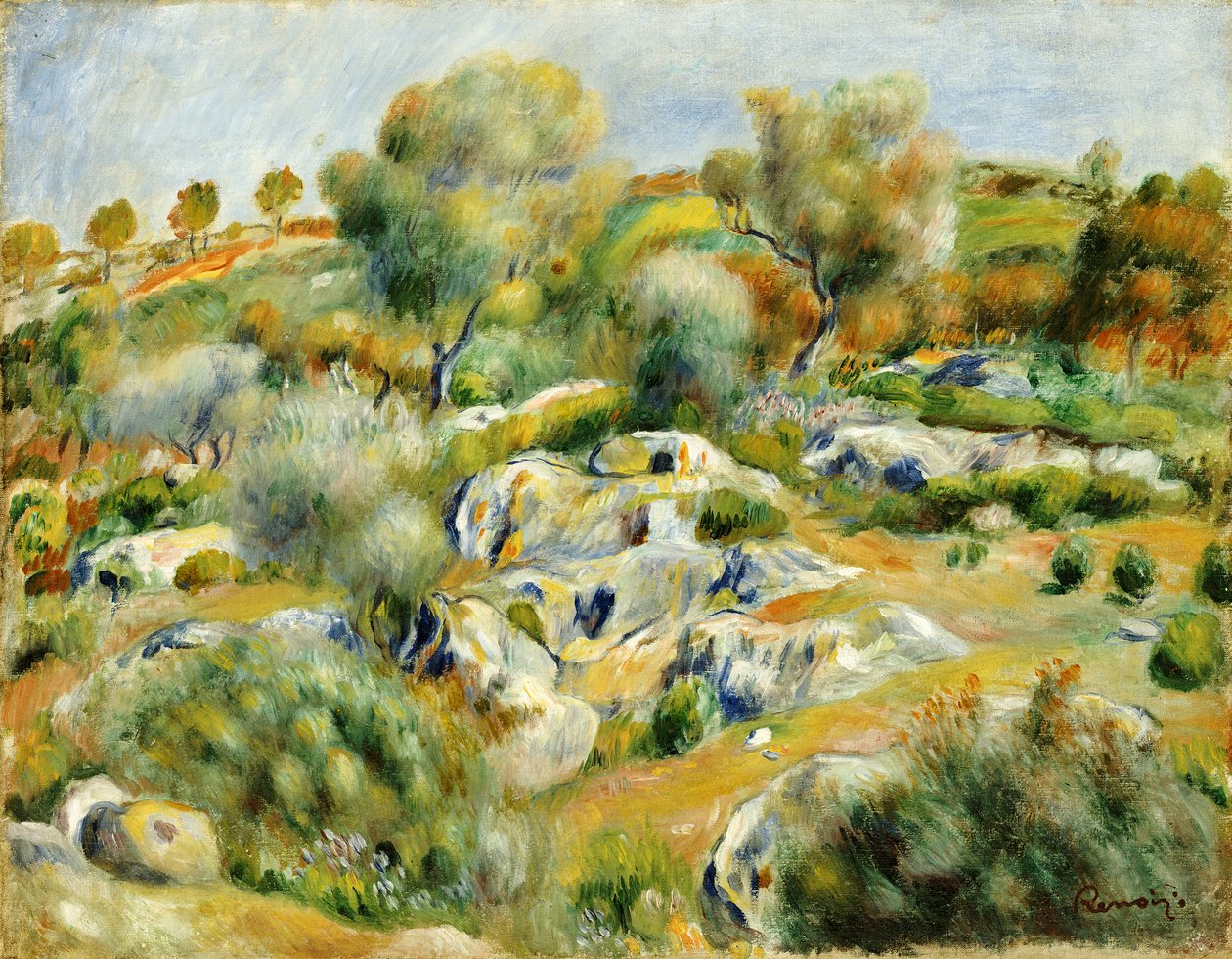 Bretagne-landskab med træer og klipper af Pierre Auguste Renoir